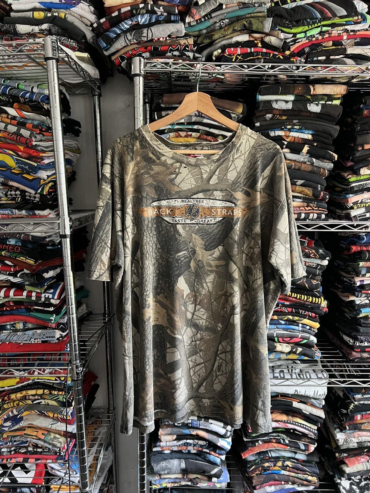 90s Back Straps Realtree Taste Great Camo Nascar Hunting Tee