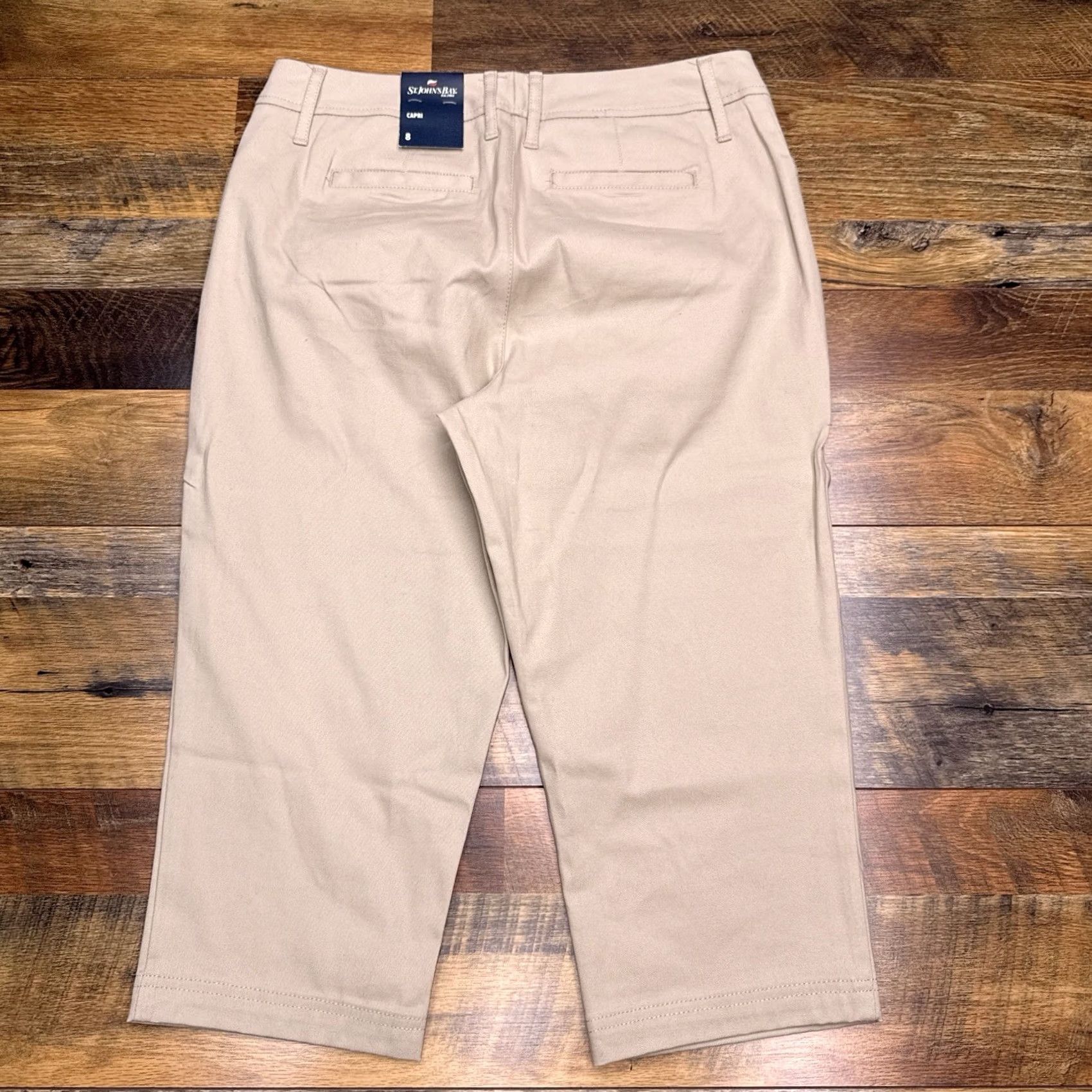 Vintage St. Johns Bay Capri Pants Womens 8 Tan Biscotti Mid Rise Stretch New - Regular, City, Cotton Spandex, Inseam 18.5, Flat Front, Logo, Machine Washable Size 30" / US 8 / IT 44 - 2 Thumbnail