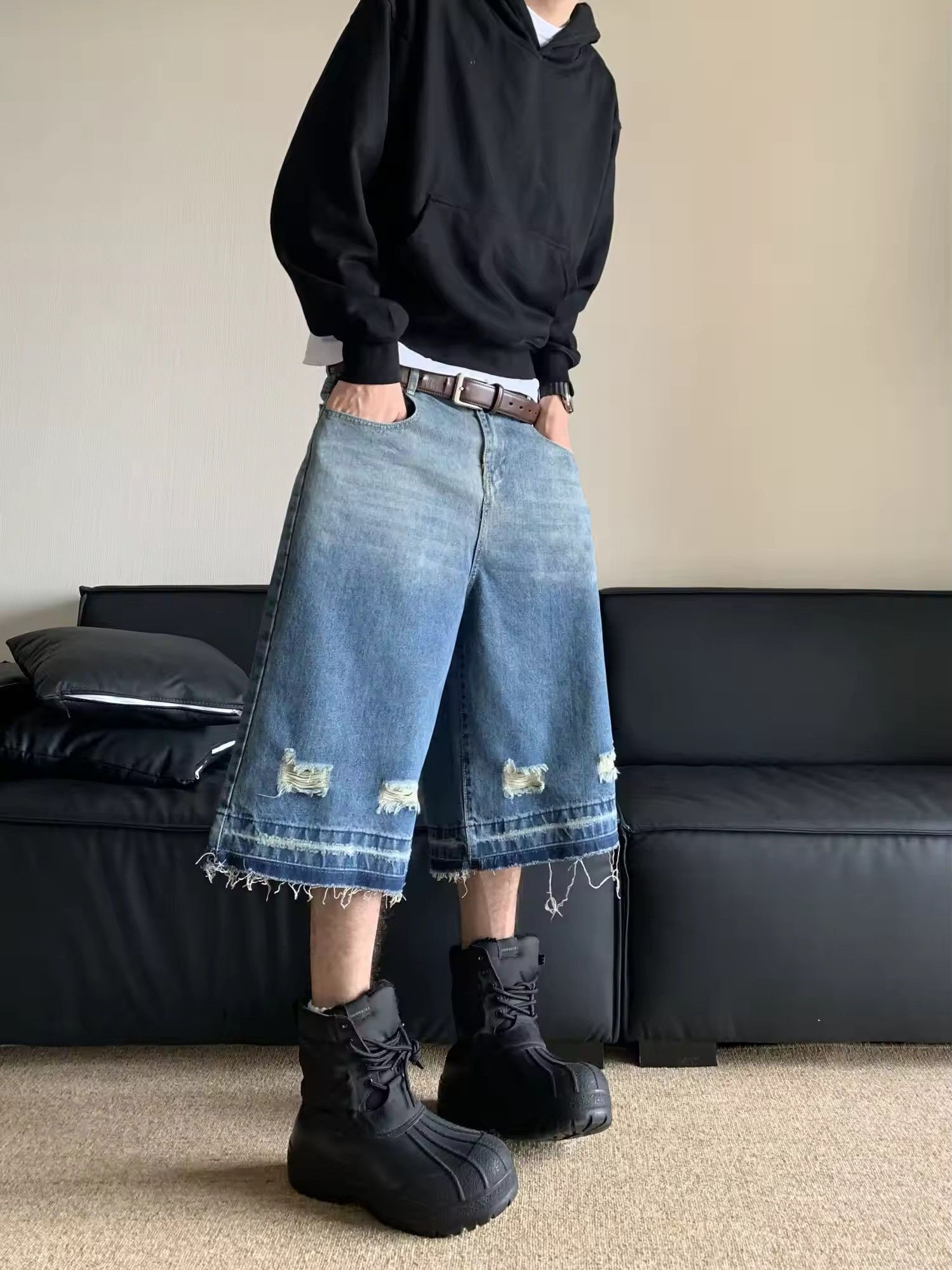Distressed Baggy Washed Denim Shorts