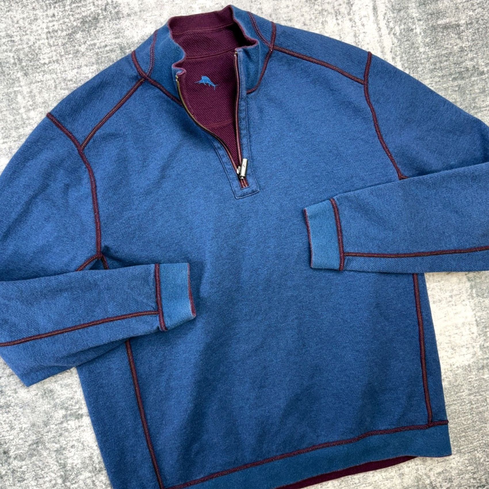 Tommy Bahama Tommy Bahama Sweater Mens Large 1/4 Zip Reversible Mock Neck Blue Knit Pullover Sweatshirt Cardigan Style Shirt Size US L / EU 52-54 / 3 - 2 Thumbnail