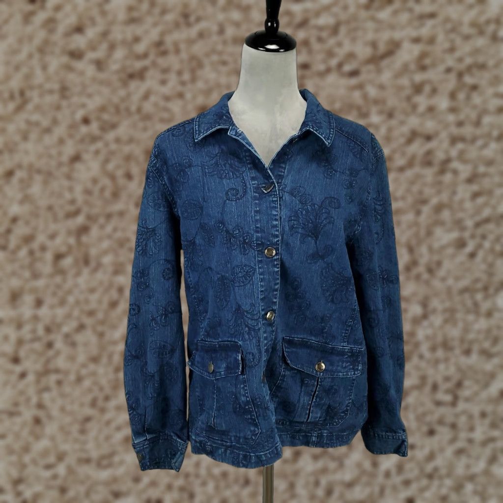 Vintage Alfred Dunner Denim Jacket Women 10 Blue Embroidered Button Front Pockets Flower Artsy Classic Womens Size L / US 10 / IT 46 - 1 Thumbnail