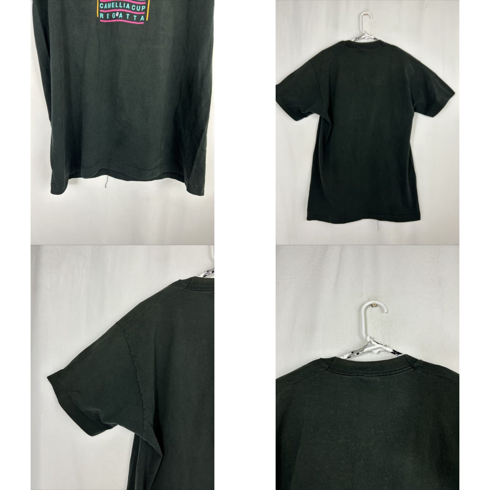 Fruit Of The Loom VINTAGE Fruit of the Loom T-Shirt Men XL Short Sleeve Black Neon Pink 1990 Camellia Cup Regatta Mens XL Shirt Size US XL / EU 56 / 4 - 8 Thumbnail