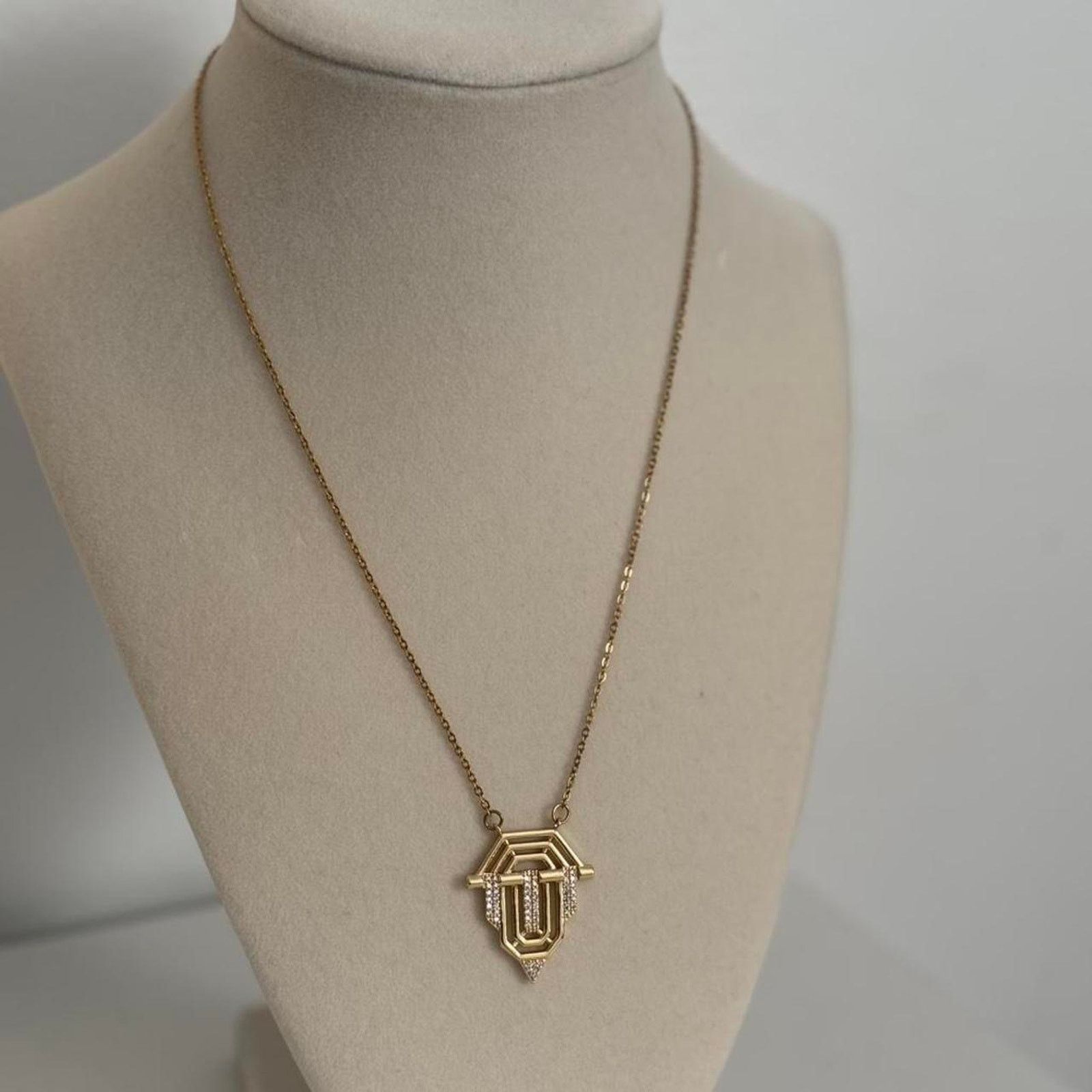 Other Gold Tone Geometric Pendant Necklace Clear Rhinestone Size ONE SIZE - 2 Thumbnail