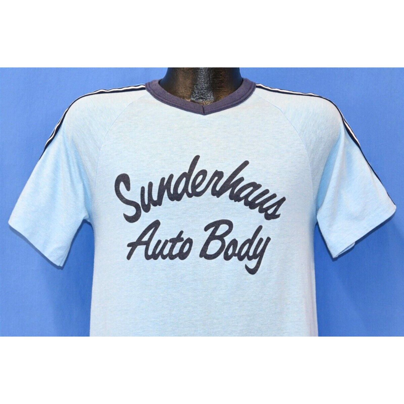 Image of Vintage VTG 80's Sunderhaus Auto Body 16 Jersey Cincinnati Ohio Stripe Raglan T-Shirt S in White (S