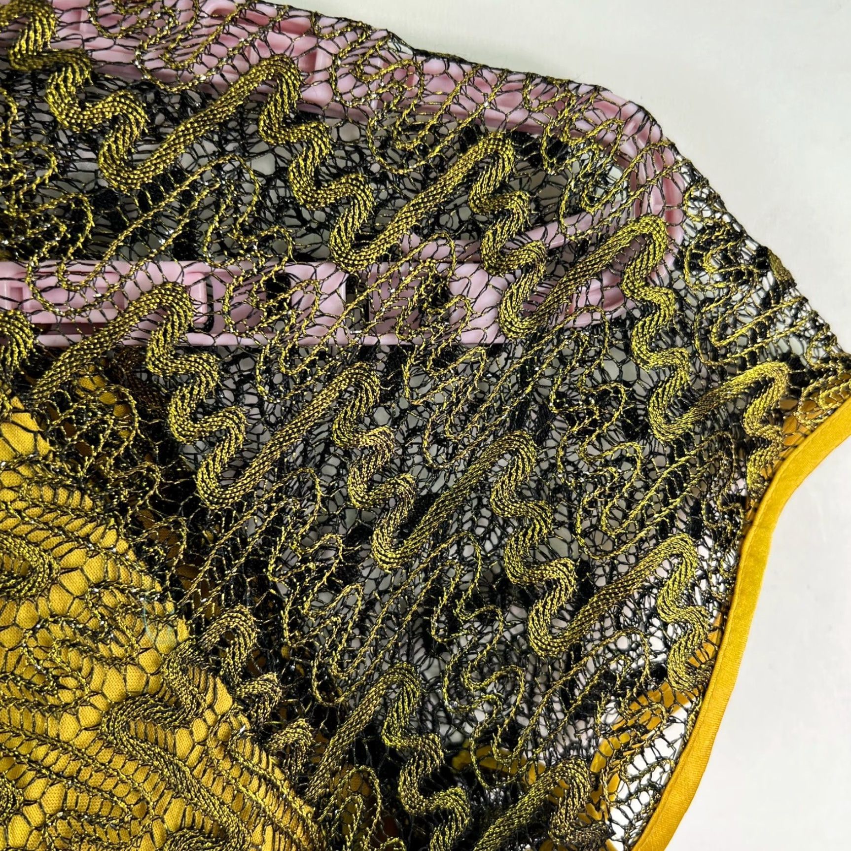 Vintage Brocade Silk Midi Dress XL Yellow Cap Sleeve Mock Neck A-Line Embroidered Flower Womens Size 40" / US 18 - 5 Thumbnail