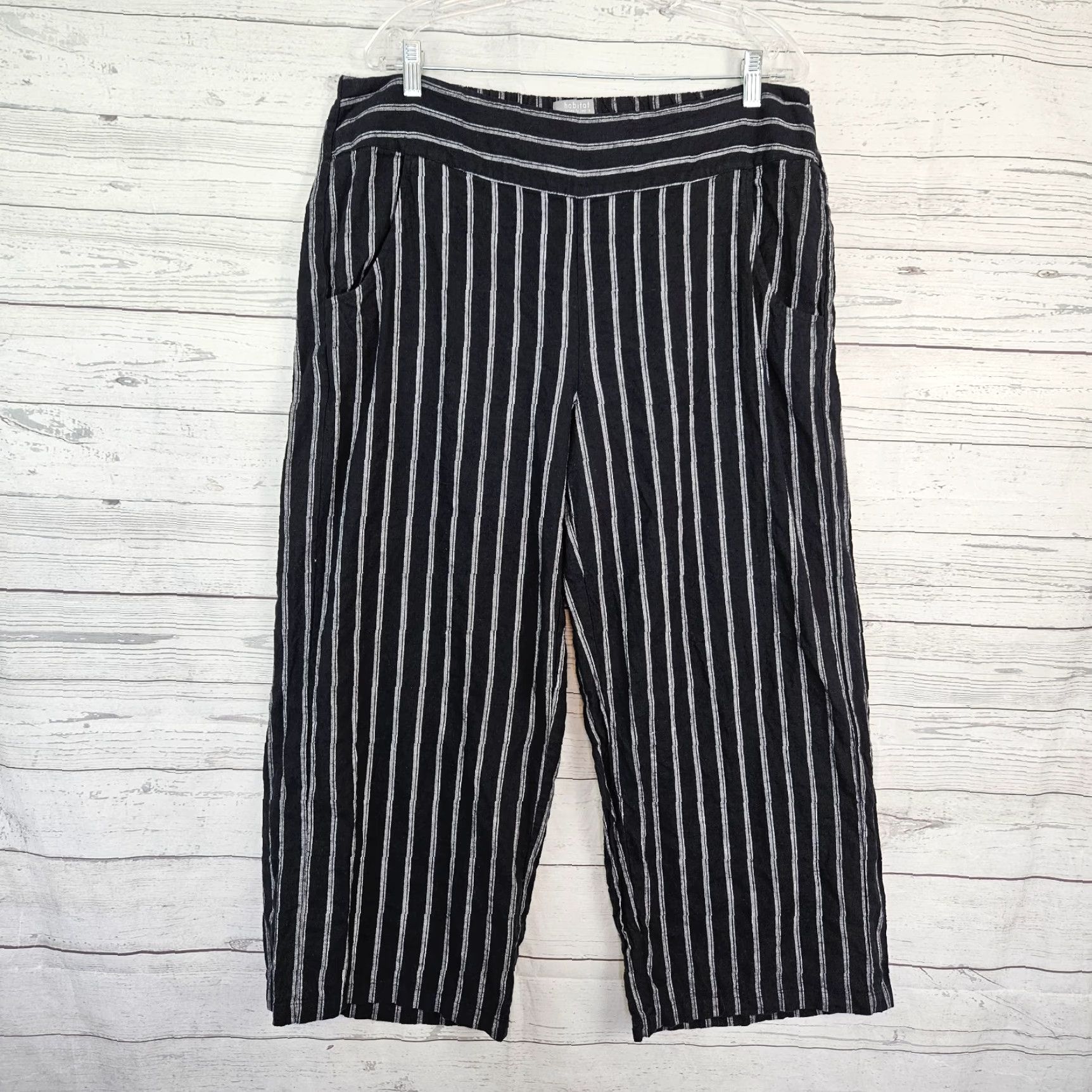 Habitat Habitat Womens Cropped Wide Leg Pants Sz Large Black Stripe Linen Cotton Size 36" / US 14 / IT 50 - 2 Thumbnail