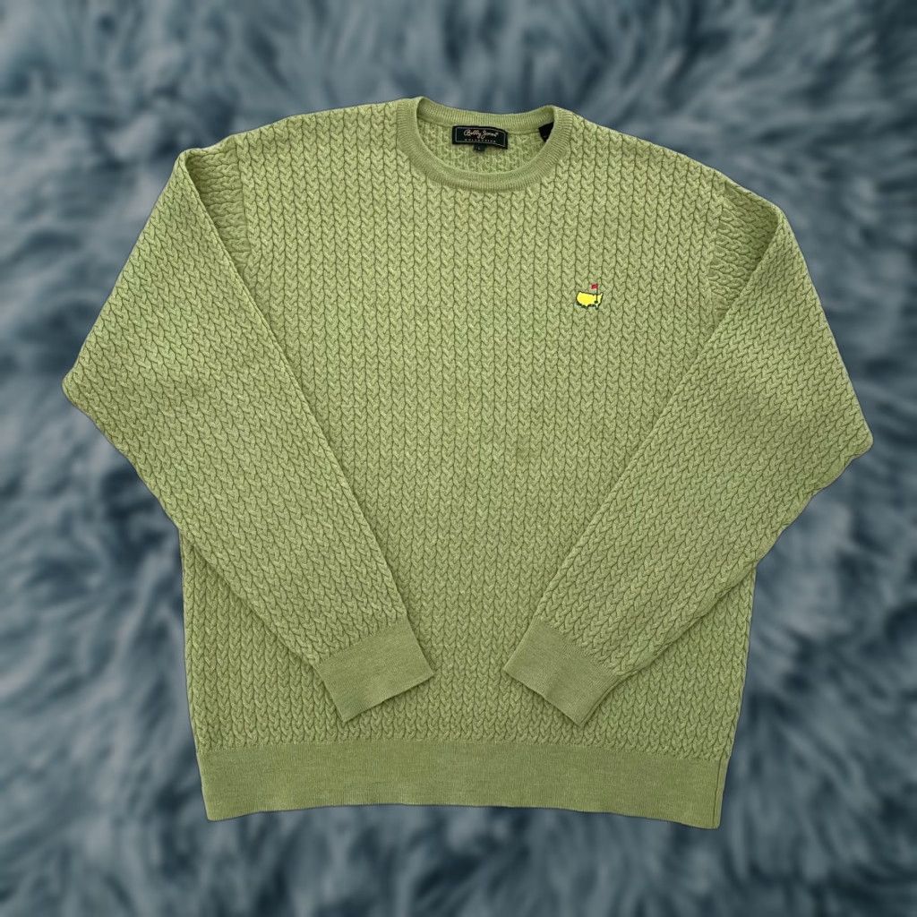 Masters Augusta Sweater Adult Large Green Merino Wool Cable Knit Pullover Mens L