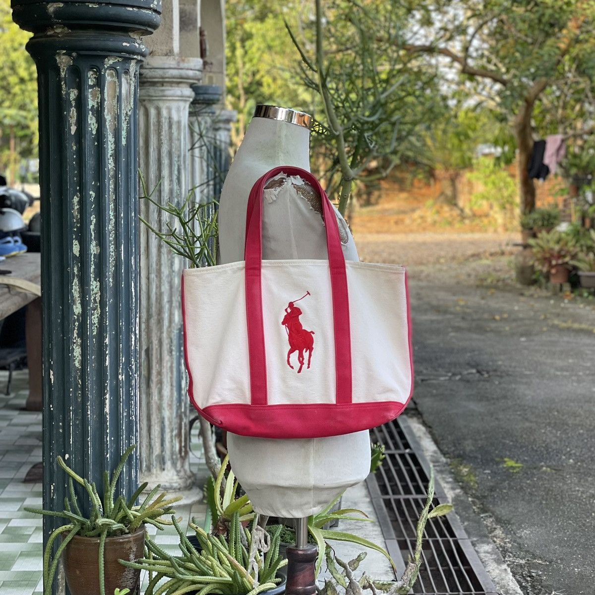 Polo Ralph Lauren × Vintage Vintage 90s Ralph Lauren Big Ponny Red White Canvas Tote Size ONE SIZE - 4 Thumbnail