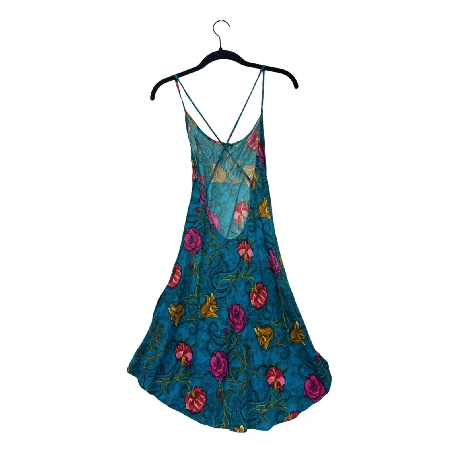 Vintage Rene Rofe Womens Slip Dress Silk Floral Print Midi Crossback Open Back M Blue Size M / US 6-8 / IT 42-44 - 2 Thumbnail