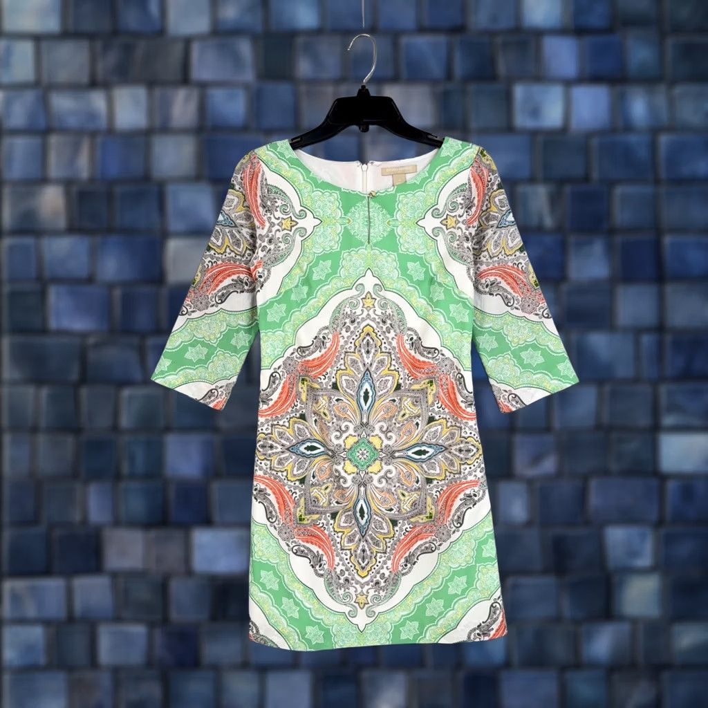 Banana Republic Banana Republic Dress Womens 0 Paisley 3/4 Sleeve Shift Mini Light Green Size XS / US 0-2 / IT 36-38 - 1 Thumbnail