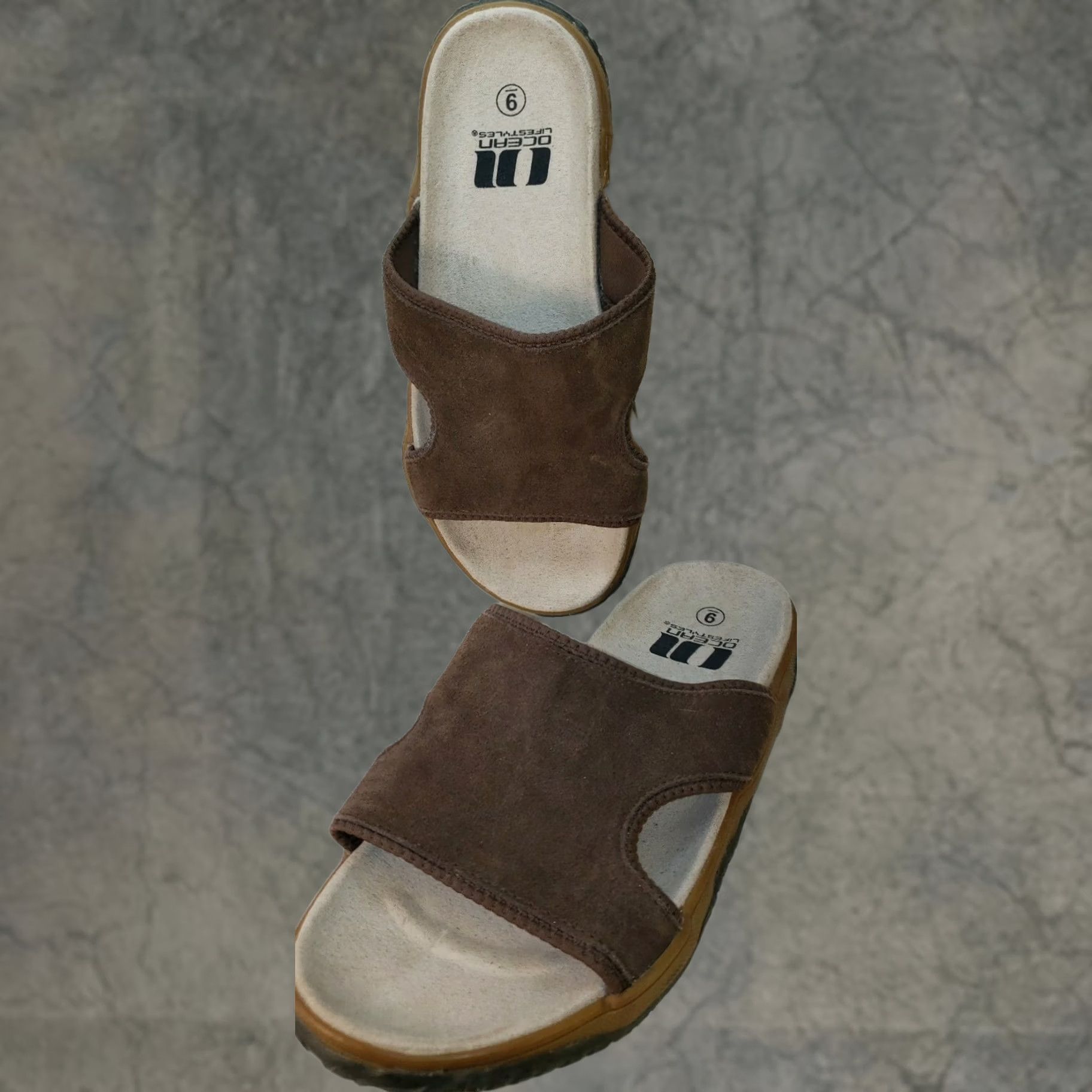 Vintage Ocean Lifestyles Slide Sandal Men 9M Brown Suede Upper Cushy Shaped Cushioned Arch Support Slip-On Casual Shoes Mens Brown Suede Slide 9M Size ONE SIZE - 1 Thumbnail