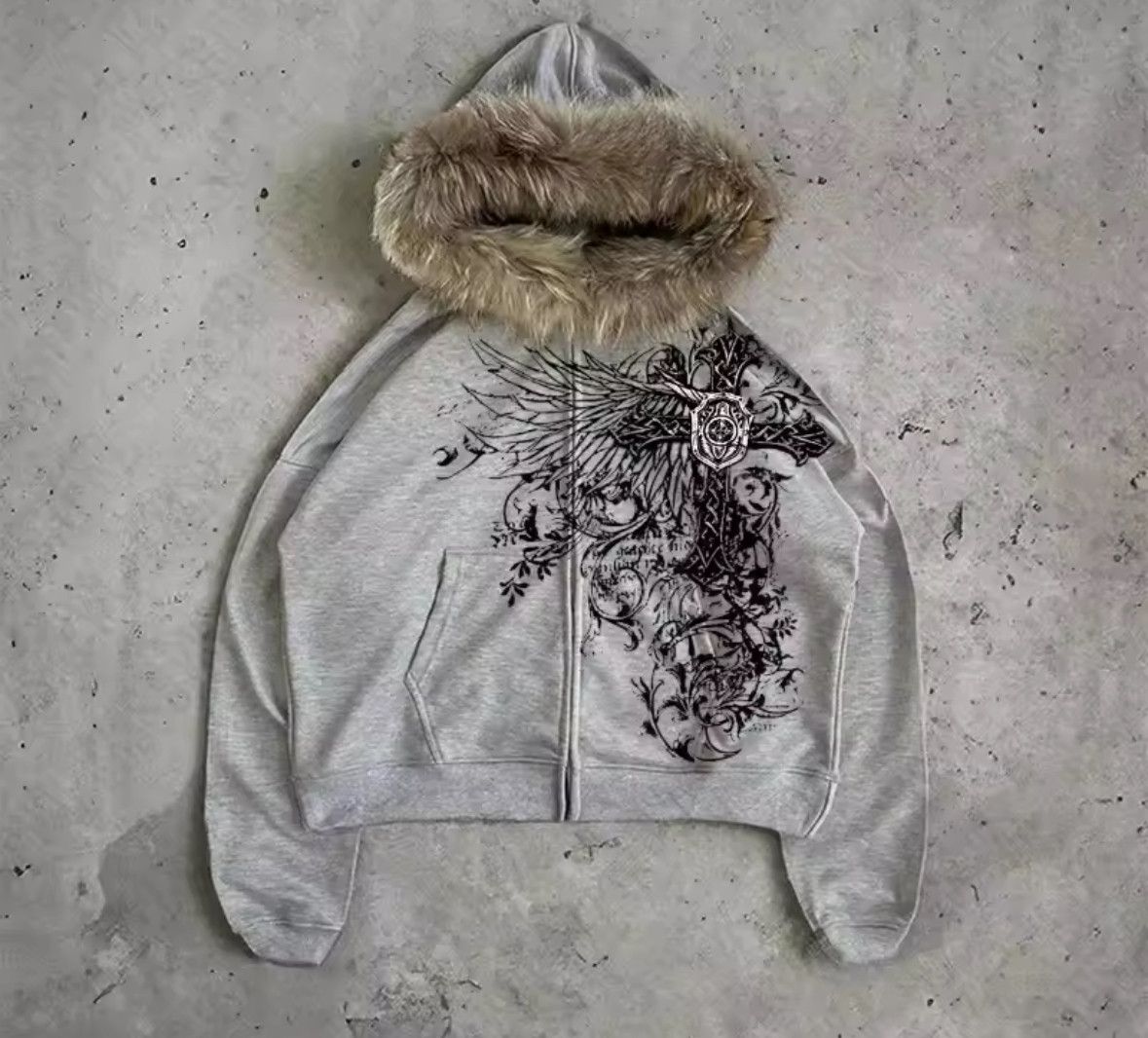 Other Fashion Punk Goth Grunge Cross Wings Fur Hat Graphic Hoodies Size US L / EU 52-54 / 3 - 1 Thumbnail