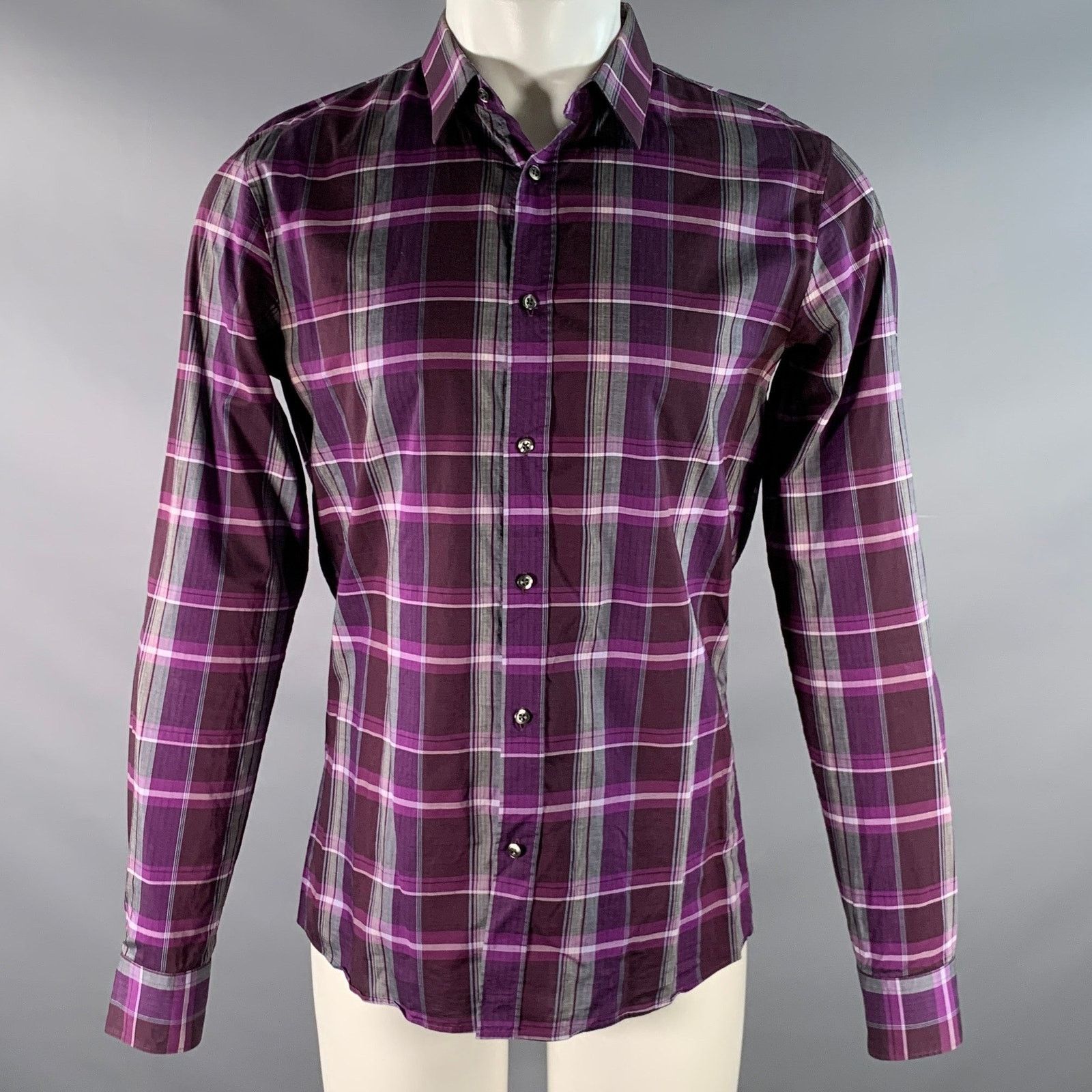 Hugo Boss HUGO BOSS Size M Purple Grey Plaid Cotton Long Sleeve Shirt Size US M / EU 48-50 / 2 - 1 Thumbnail