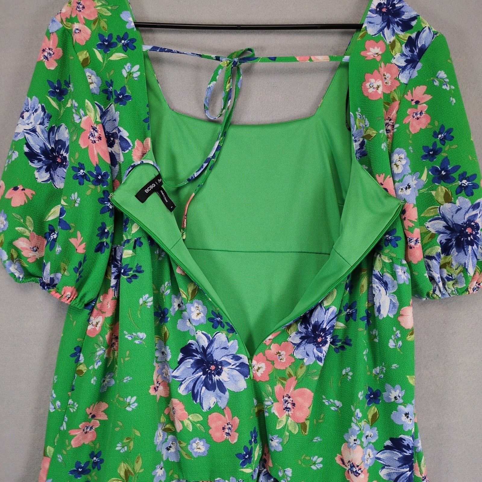 Bcbgmaxazria BCBG Paris Women's M Green Floral Puff Sleeve Tiered Dress Size M / US 6-8 / IT 42-44 - 5 Thumbnail
