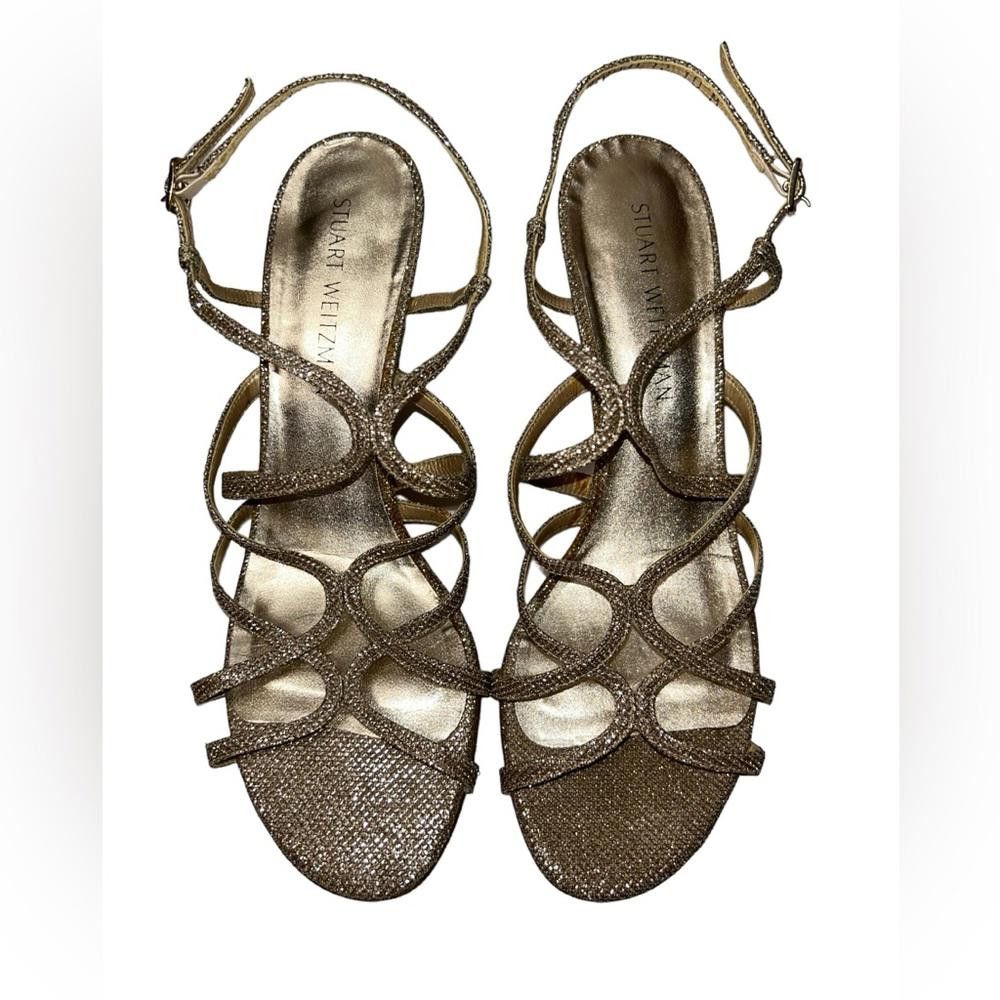 Stuart Weitzman Stuart Weitzman l Turning Up Strappy Gold Glitter Sandal 10 Size US 10 / IT 40 - 2 Thumbnail