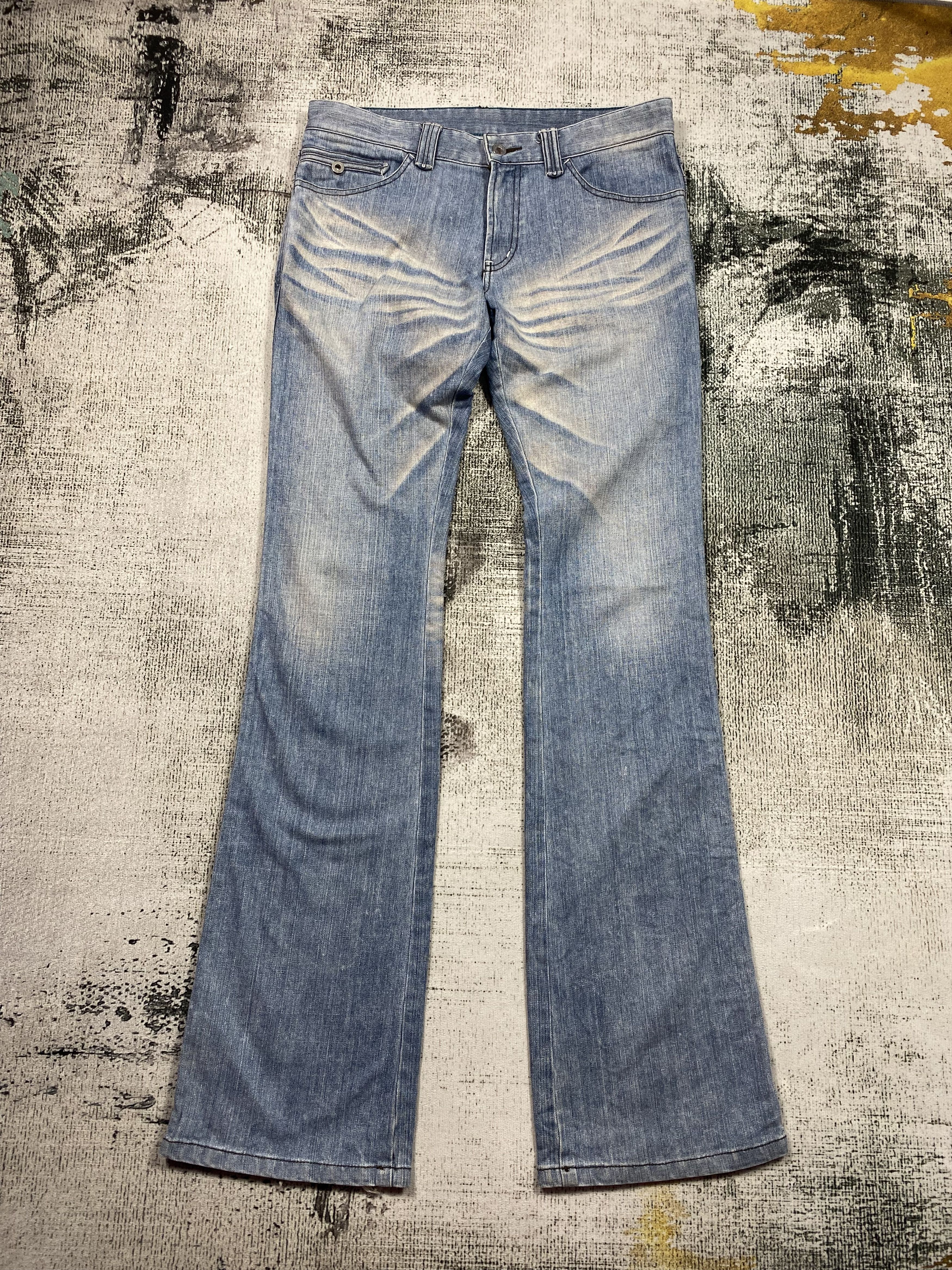 Japanese Brand SICKS💥Japanese High Street Slim Bootcut Blue Fade Whiskers Size US 32 / EU 48 - 1 Thumbnail