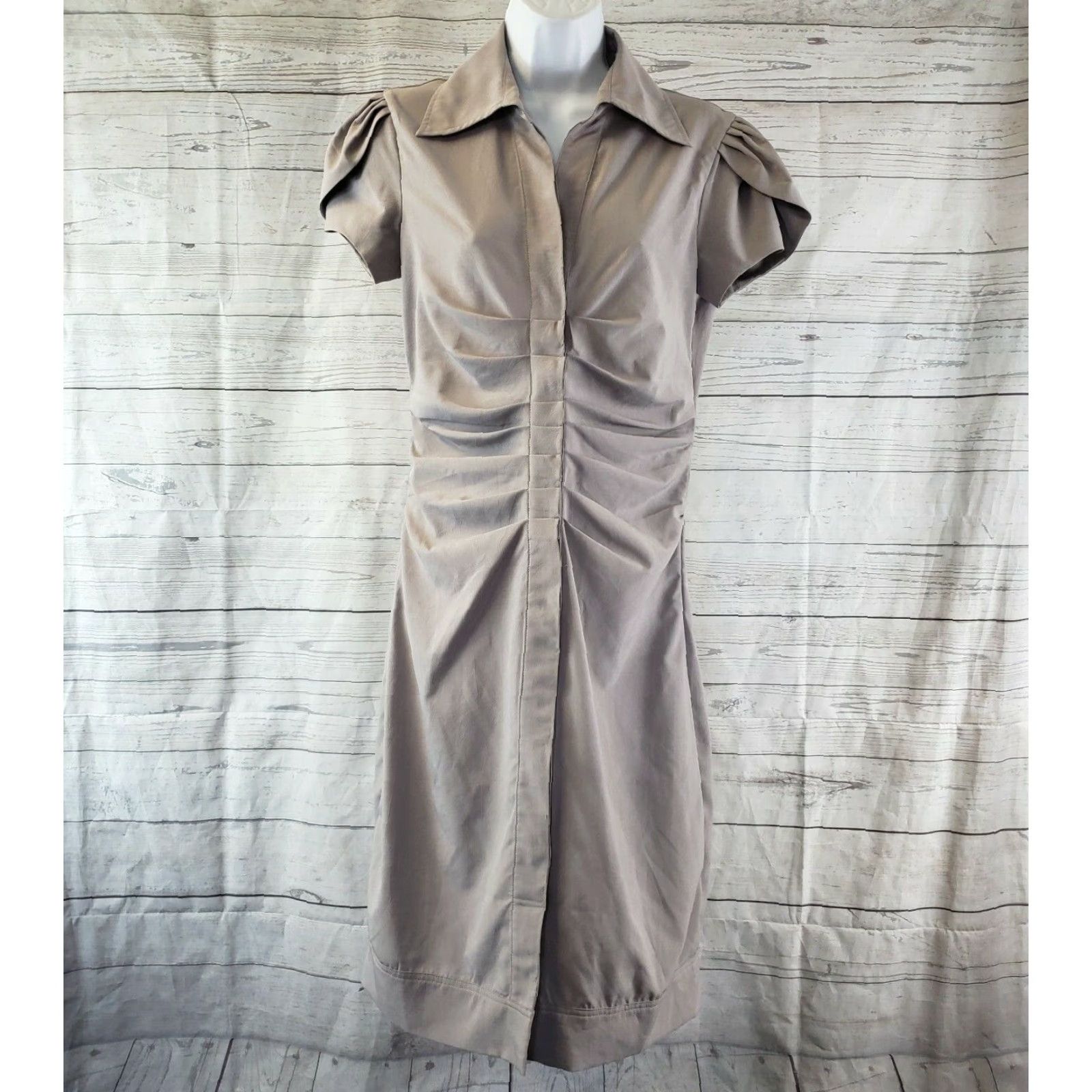 Vintage Dzhavael Couture Womens Dress Solid Gray Short Sleeve Button Front Size Small Knee Length Dress Size 28" / US 6 / IT 42 - 2 Thumbnail