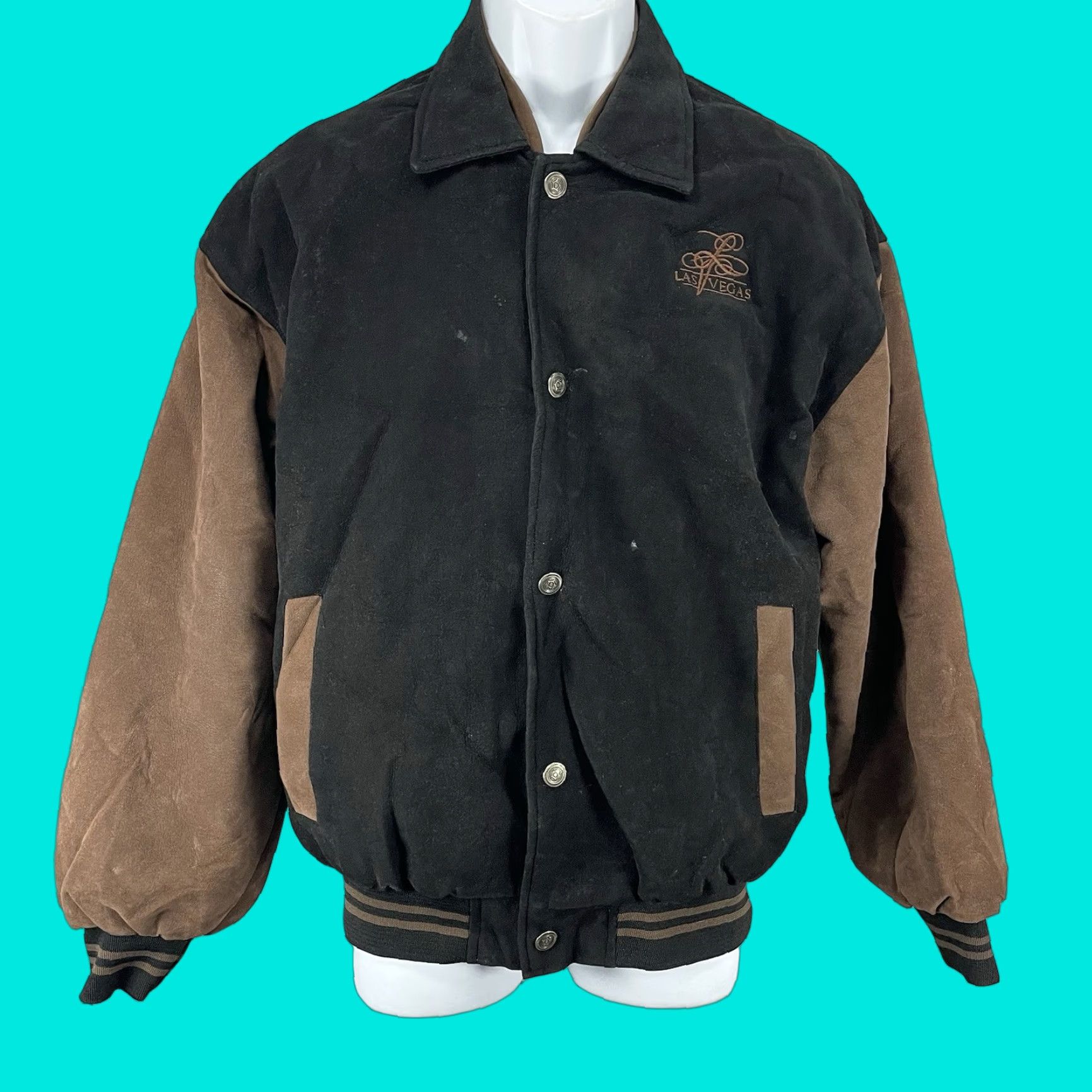 VINTAGE Jon Lauren Jacket Black Las Vegas Varsity Coat Mens L Leather Snap Zip Pockets 42 Chest 21