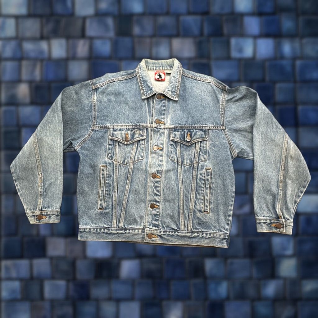 VINTAGE Mickey Mouse Embroidered Denim Trucker Jacket Mens Medium Blue 90s USA Disney Inc. Jacket