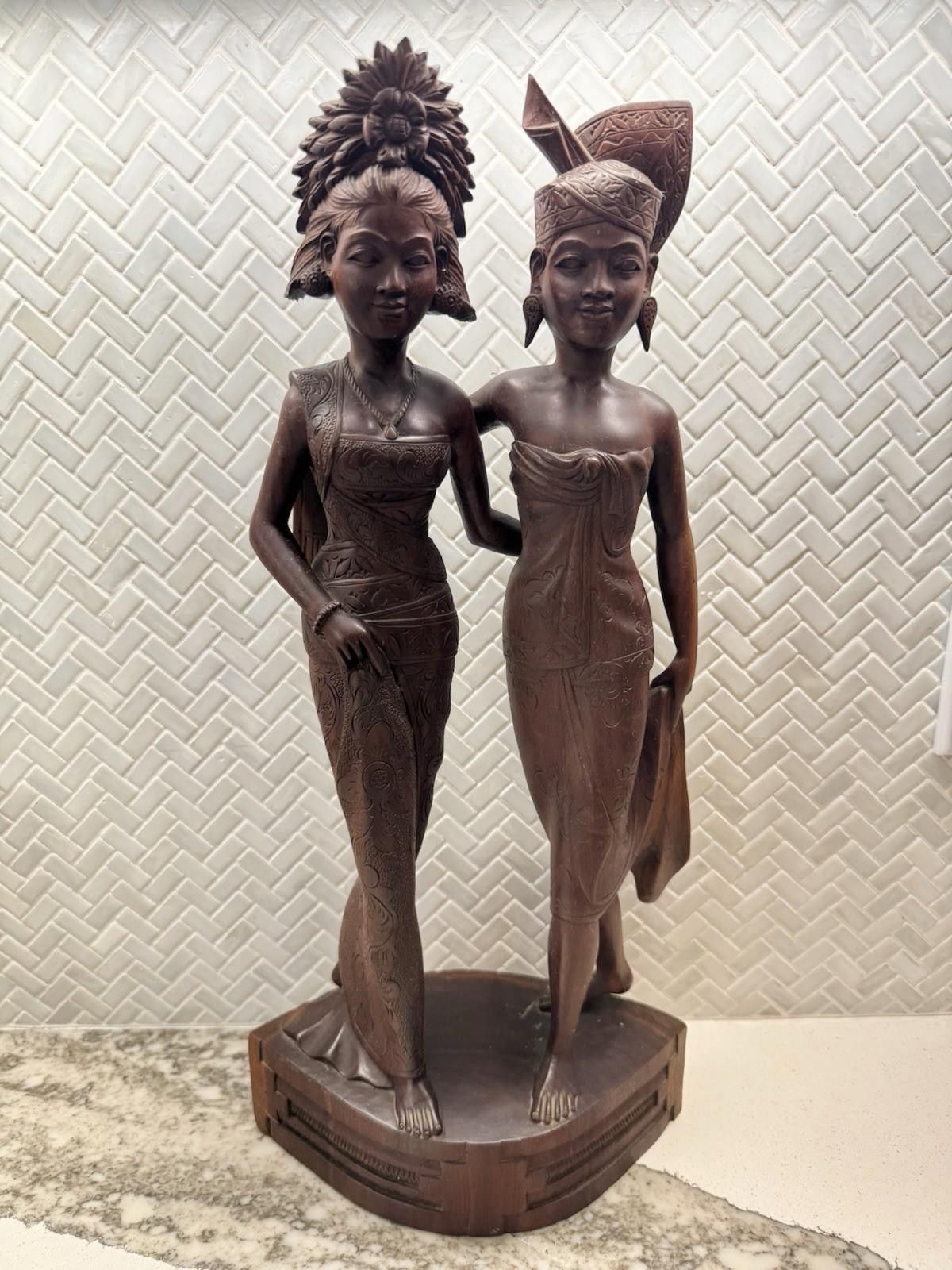 Designer Vintage BALI WOMANS Hand Carved WOOD Sculpture Couple Statue Size ONE SIZE - 2 Thumbnail