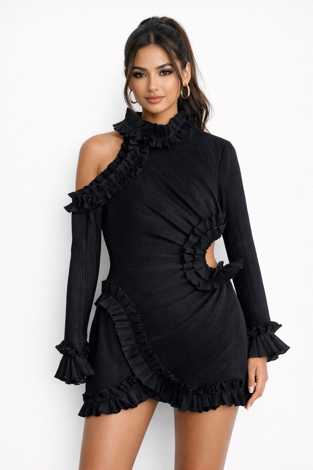 Zimmermann Black Pleated Ruffle Mini Dress Designer Evening Dress Size M / US 6-8 / IT 42-44 - 1 Thumbnail