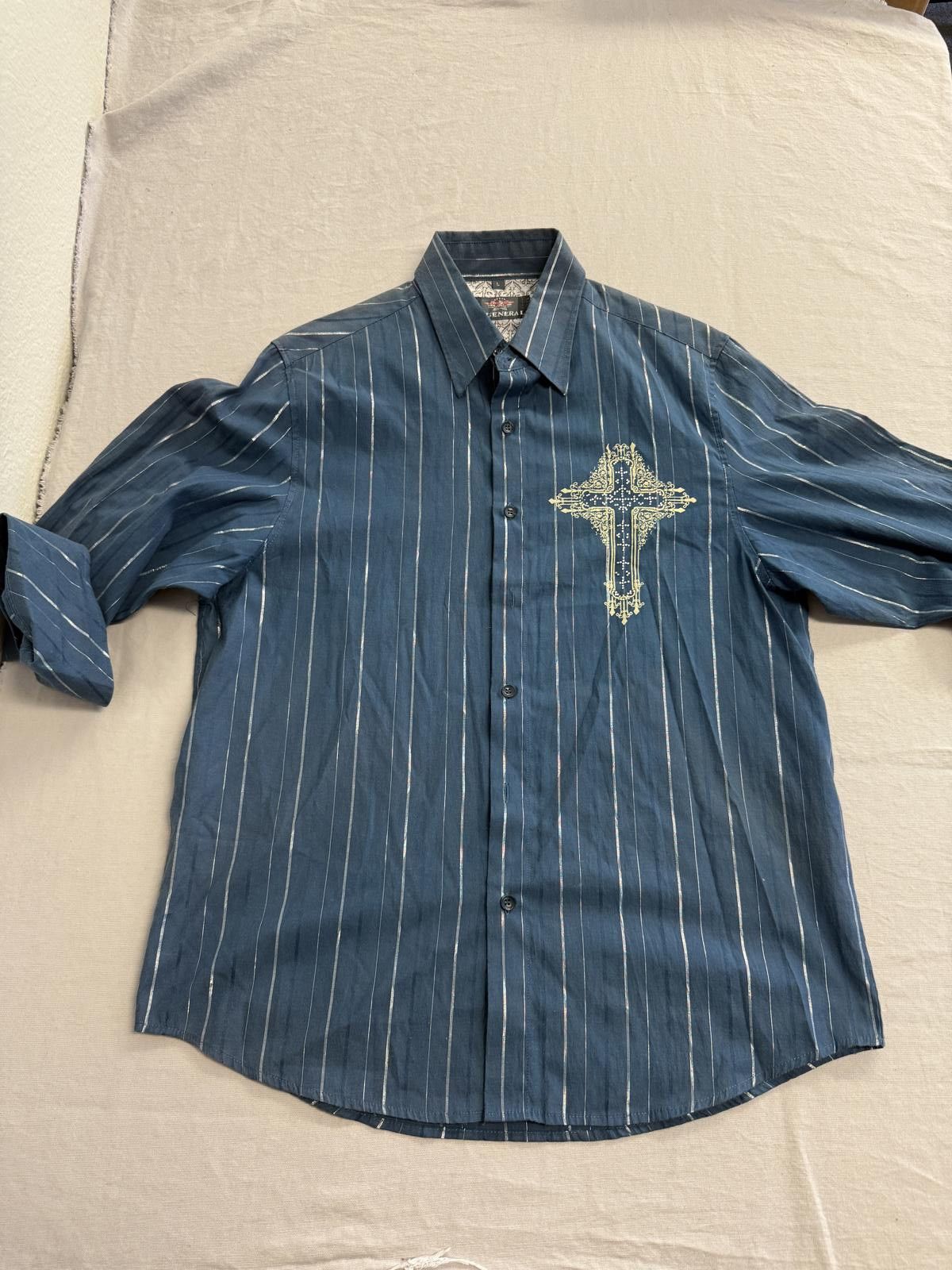 Designer Cowboy Cross Western Wear Button Up Silver Pin Stripes - L Size US L / EU 52-54 / 3 - 2 Thumbnail
