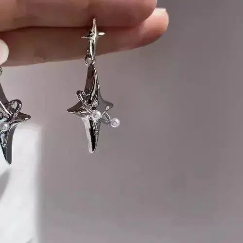 Jewelry × Sterling Silver Four Star Pearl Unisex Earrings Size ONE SIZE - 2 Thumbnail