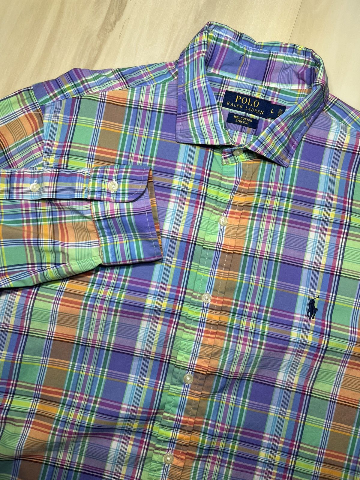 Polo Ralph Lauren Shirt L Yellow Green Plaid Madras Stretch