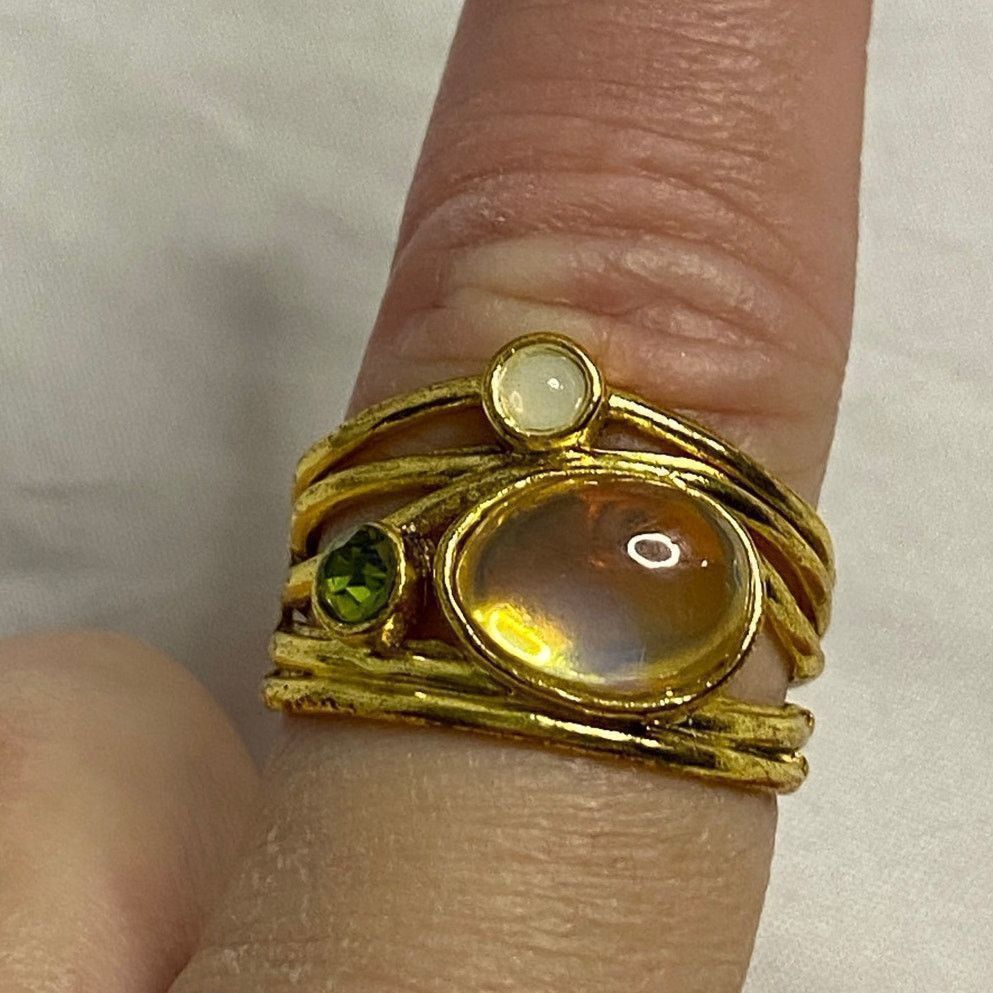 Other Boho Rainbow Moonstone & Peridot Gold Vermeil Ring 925 Size ONE SIZE - 2 Thumbnail