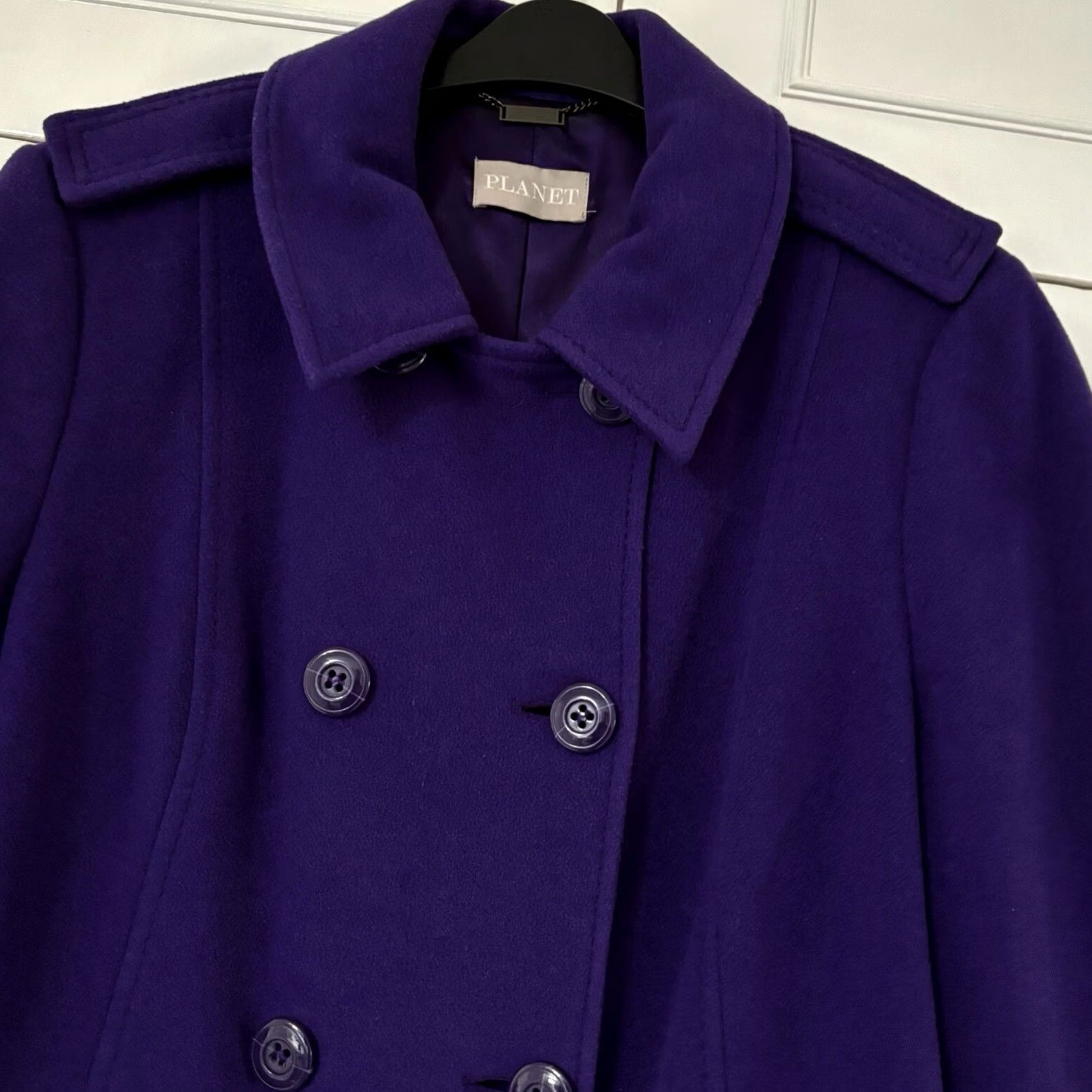 Vintage VINTAGE Planet London Wool Cashmere Blend Coat UK 16 Womens Purple Double Breasted Jacket Coat Knee Length Long Sleeve Adjustable Pockets Buttoned Size XXL / US 16-18 / IT 52-54 - 3 Thumbnail