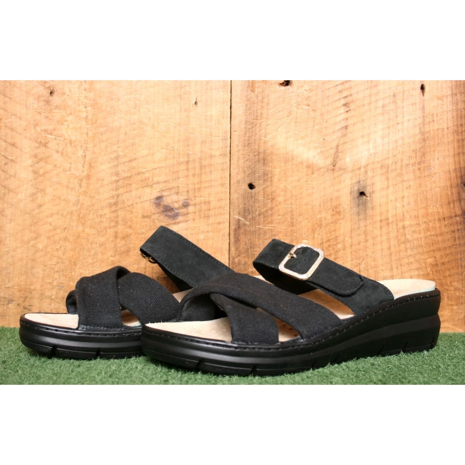Vintage LA PLUME Slide Sandals Women Nubuck Canvas Black 8-8.5 EUR 39 Made in Italy Removable Insoles Size US 8.5 / IT 38.5 - 2 Thumbnail