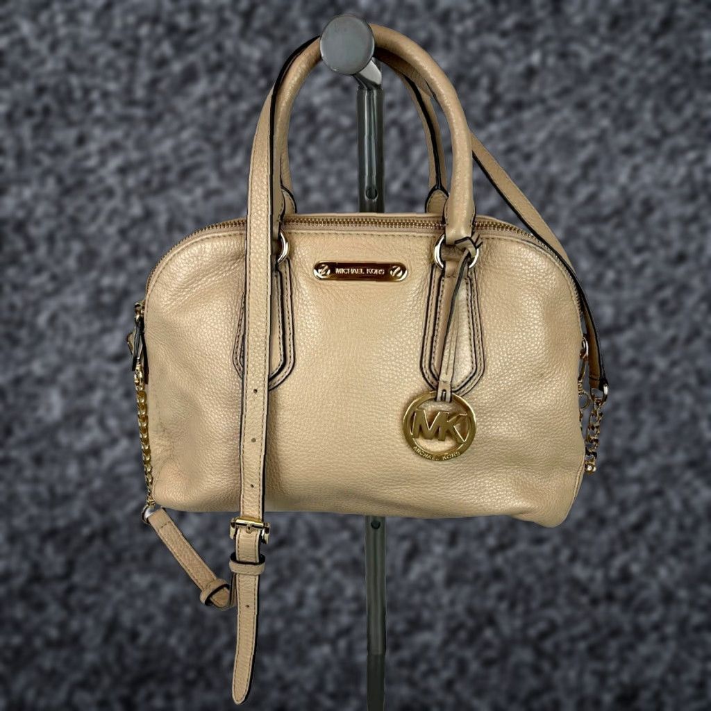 Michael Kors Satchel Handbag Medium Light Tan Leather Crossbody Chain Strap Women in Beige
