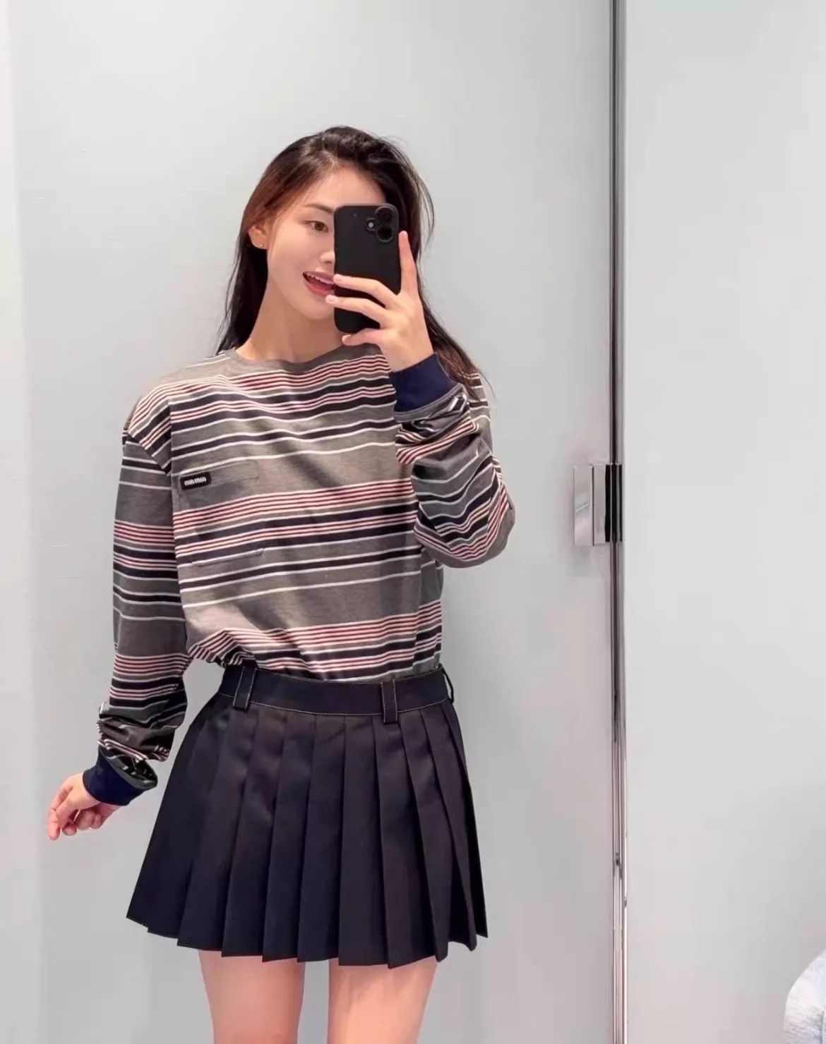 Miu Miu MIU MIU logo gray blue colorblock stripe pocket LS tee Size S / US 4 / IT 40 - 2 Thumbnail