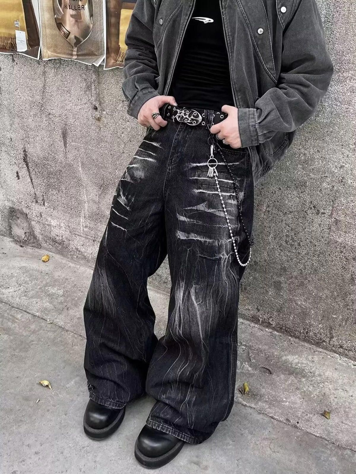 Japanese Brand Black Distressed Baggy Wide Leg Jeans, Barrel Leg Jeans Size US 32 / EU 48 - 3 Thumbnail