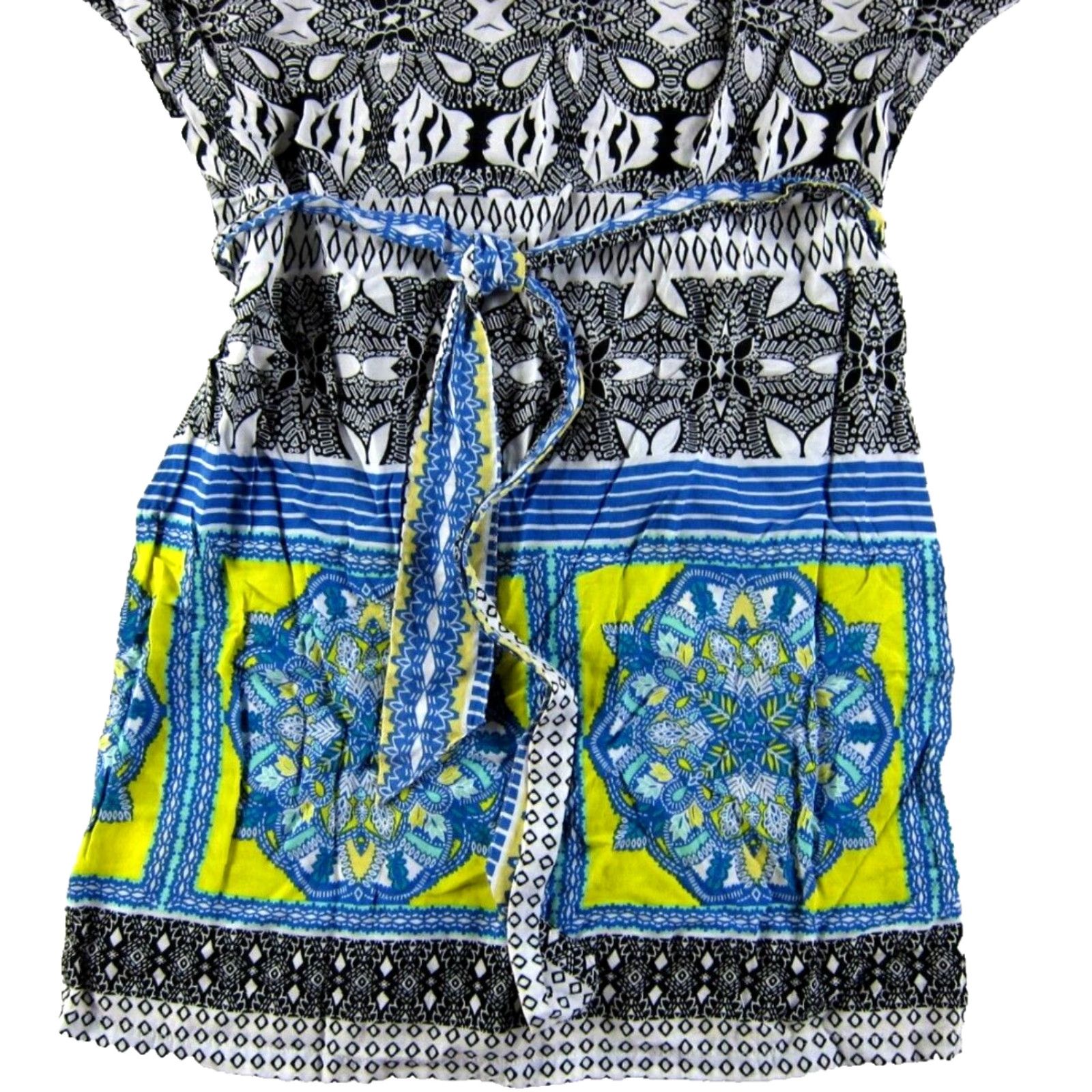 Vintage Green Dragon Rayon Black White Blue Yellow Paisley Floral V-Neck Sheath Dress XS Size XS / US 0-2 / IT 36-38 - 8 Thumbnail