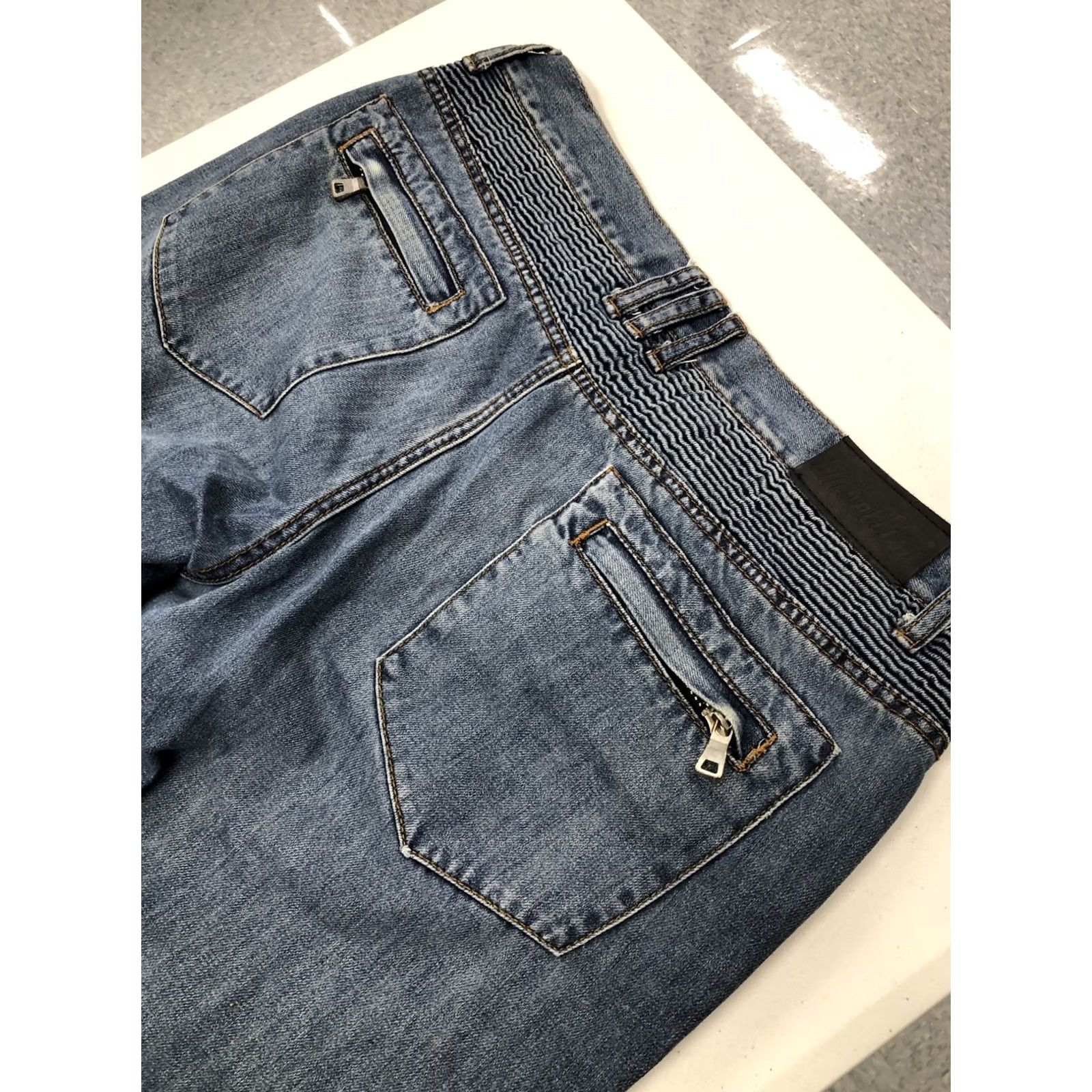 Vintage Embellish Jeans Slim 34 (36x33) Distressed Biker Moto 5-Pocket Denim Men’s Skinny Rise Mid Blue Regular Sewer? Size US 34 / EU 50 - 2 Thumbnail