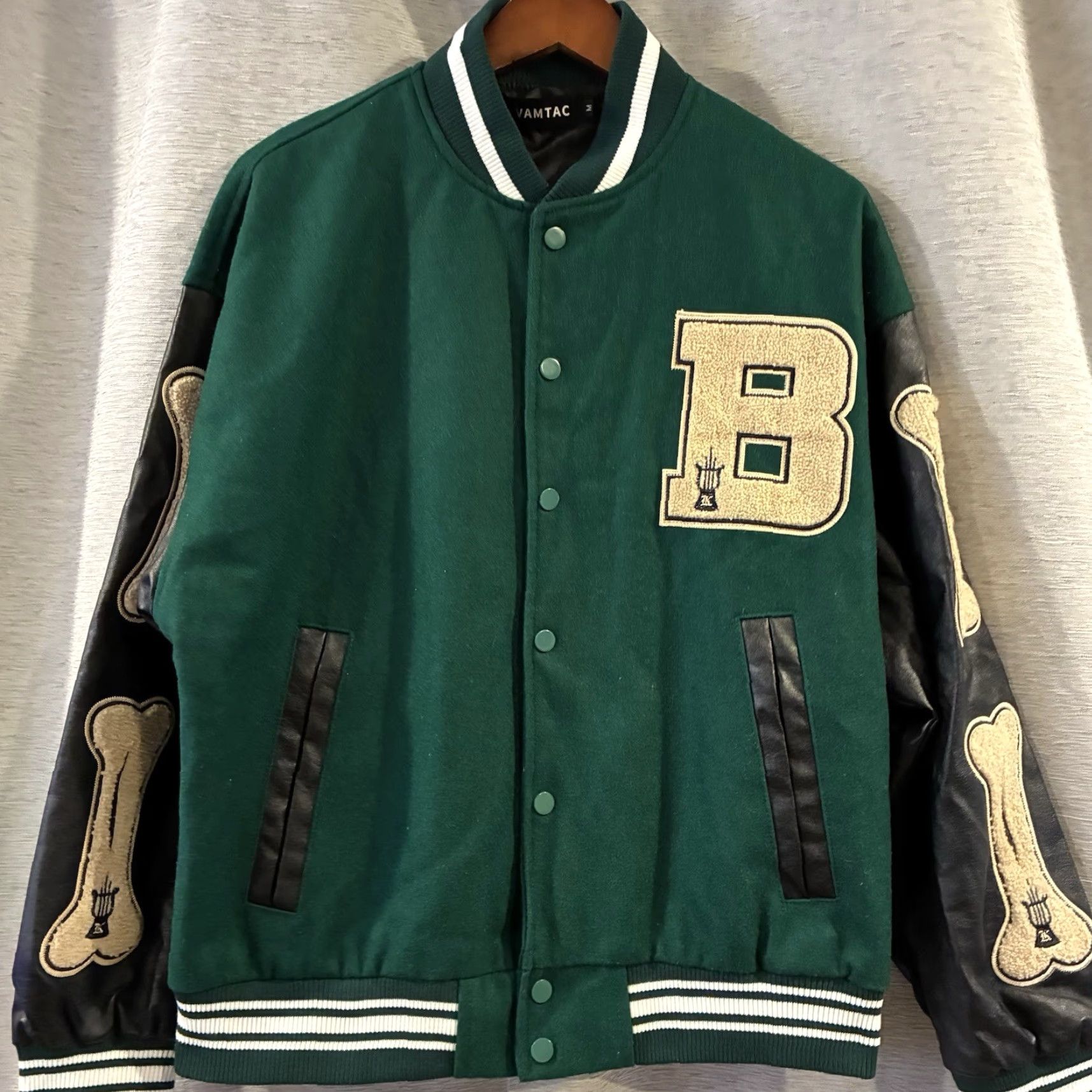 Bones Varsity Jacket Adult Medium Green Bones Letterman Patches Vamtac Fashion Jacket Mens Casual Pockets Size US M / EU 48-50 / 2 - 3 Thumbnail