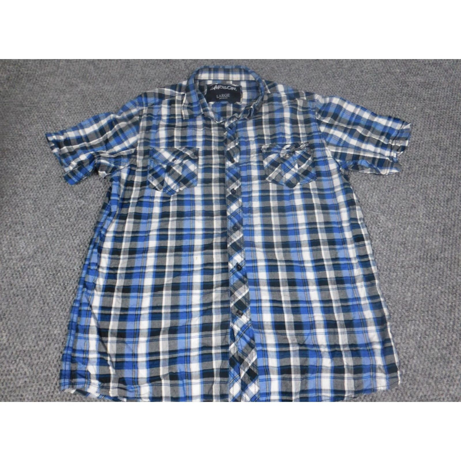 Carbon Carbon Mens Shirt L blue plaid Button-Down Short Sleeve Slim Casual Size US L / EU 52-54 / 3 - 2 Thumbnail