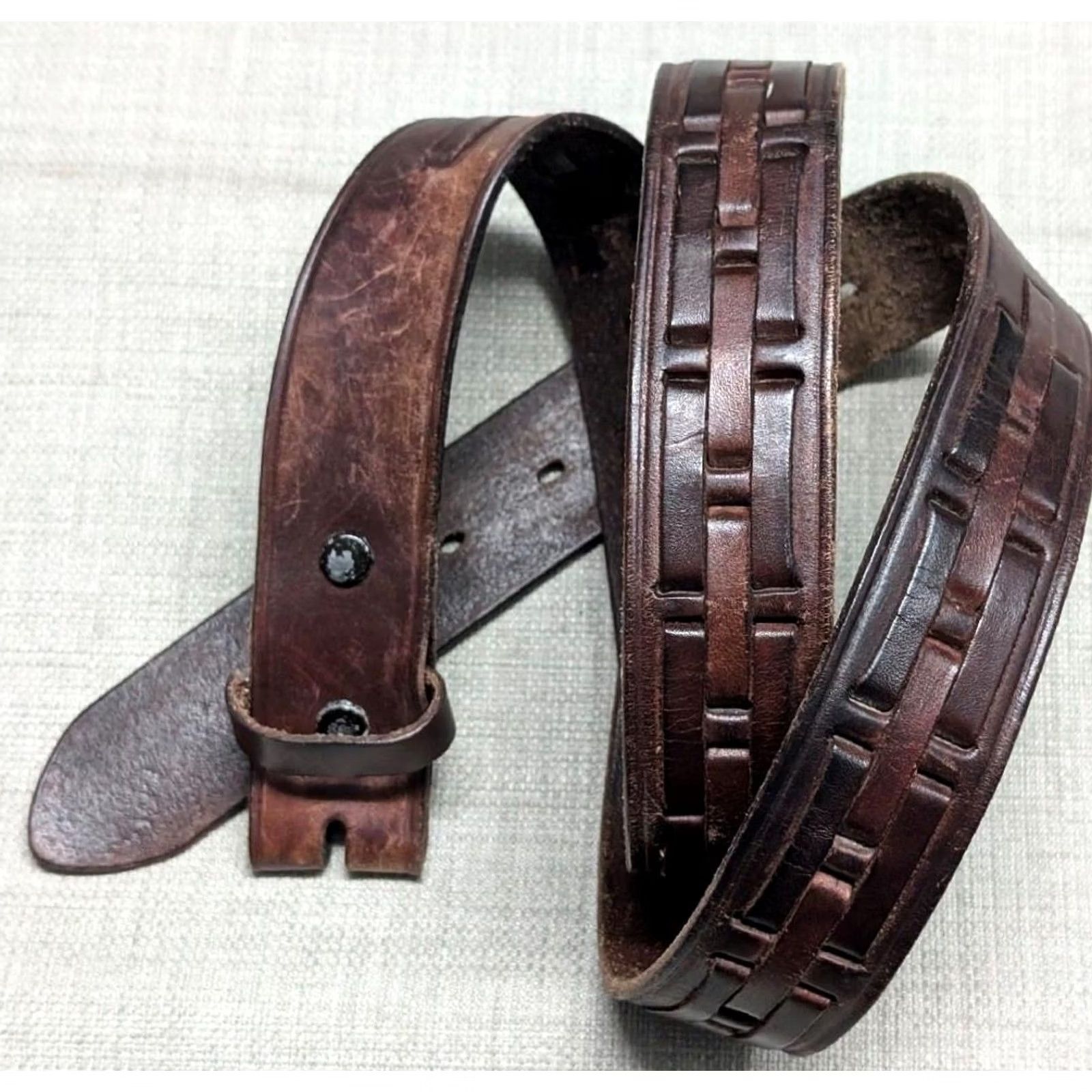 Vintage VINTAGE western belt Handcrafted leather Brown 44 Cowhide Weave buckle belt Mens Belt Size 44 - 2 Thumbnail