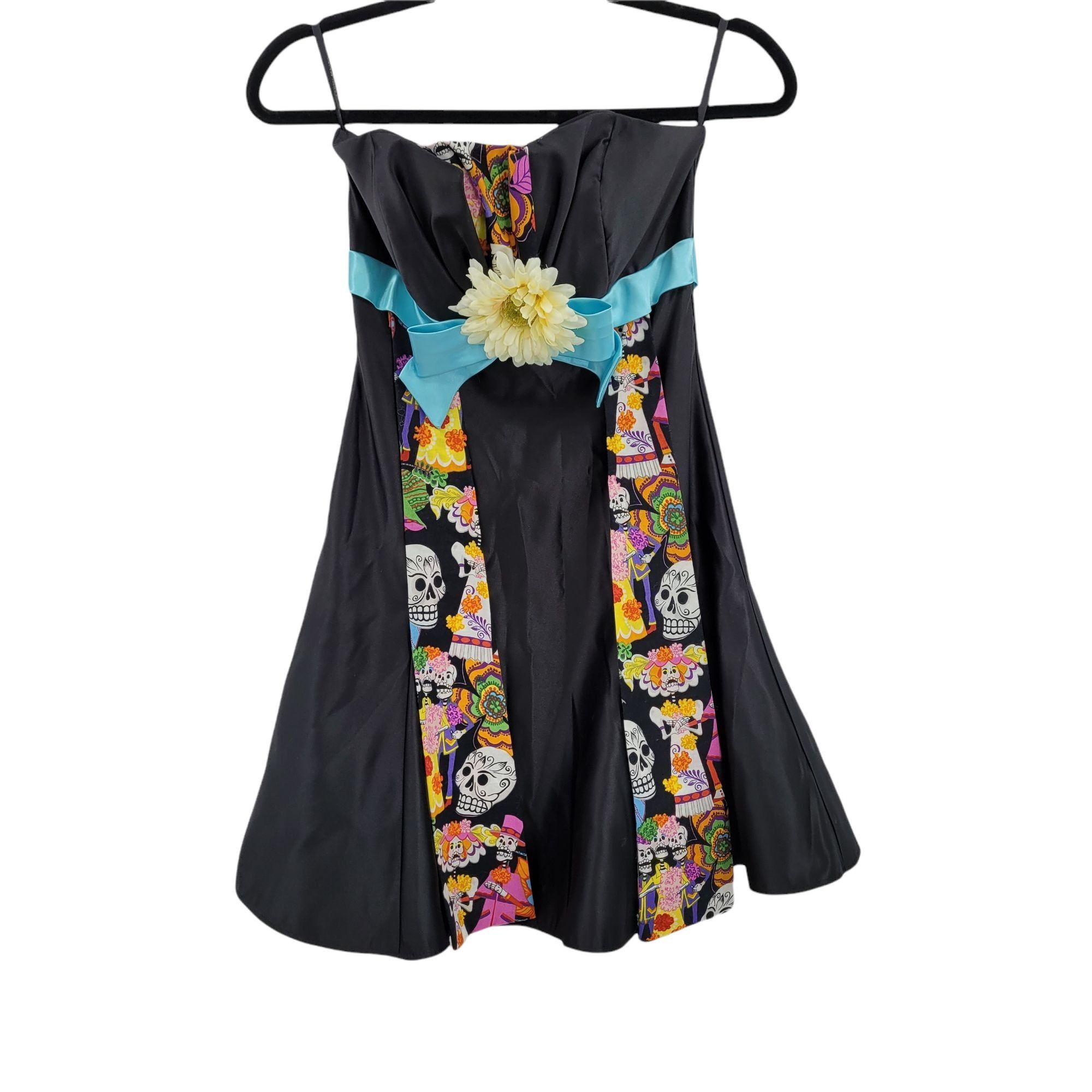 Jessica McClintock Vtg Little Black Dress Sz XS Upcycled Day Of The Dead Fit Fl Size XS / US 0-2 / IT 36-38 - 1 Thumbnail