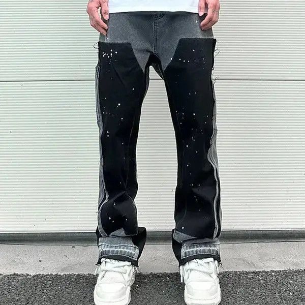 Splash Ink Painted Washed Micro Elastic Denim Logging Pants