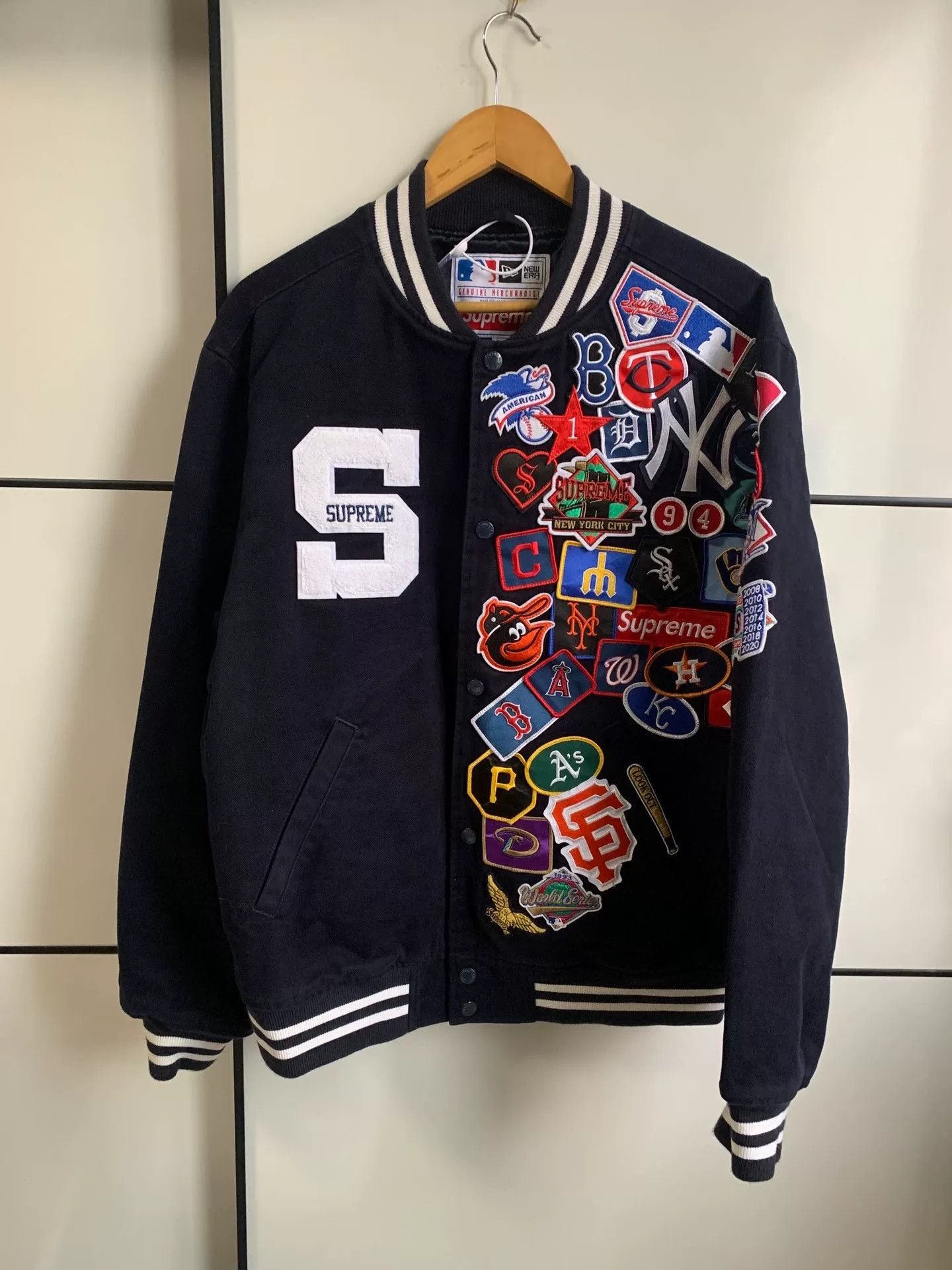 MLB × Supreme Supreme New Era MLB Varsity Jacket Navy | Grailed