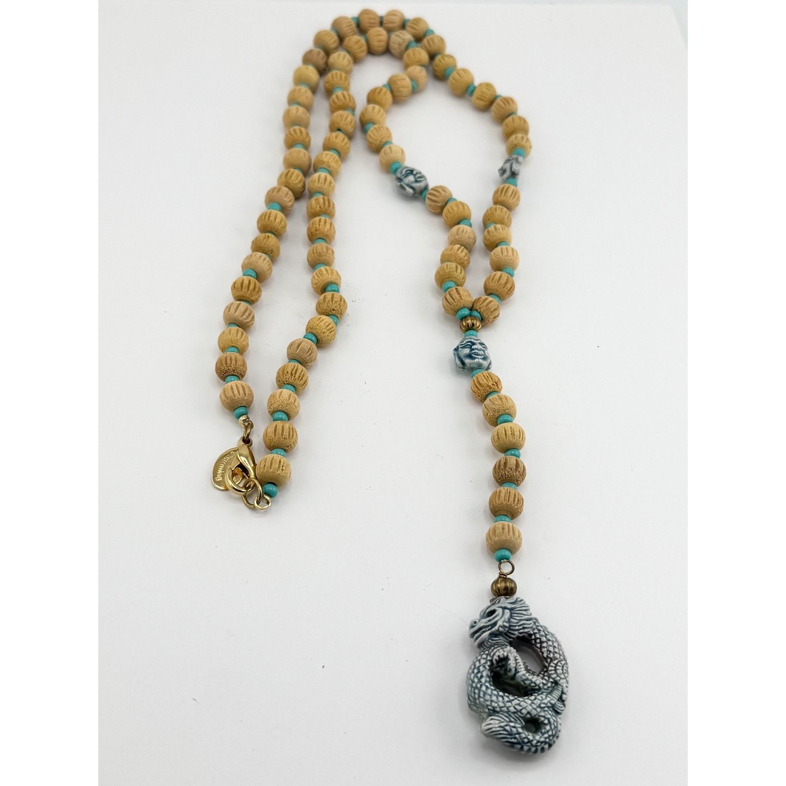 Vintage Vintage wood bead porcelain dragon serpent long pendant neck Size ONE SIZE - 3 Thumbnail