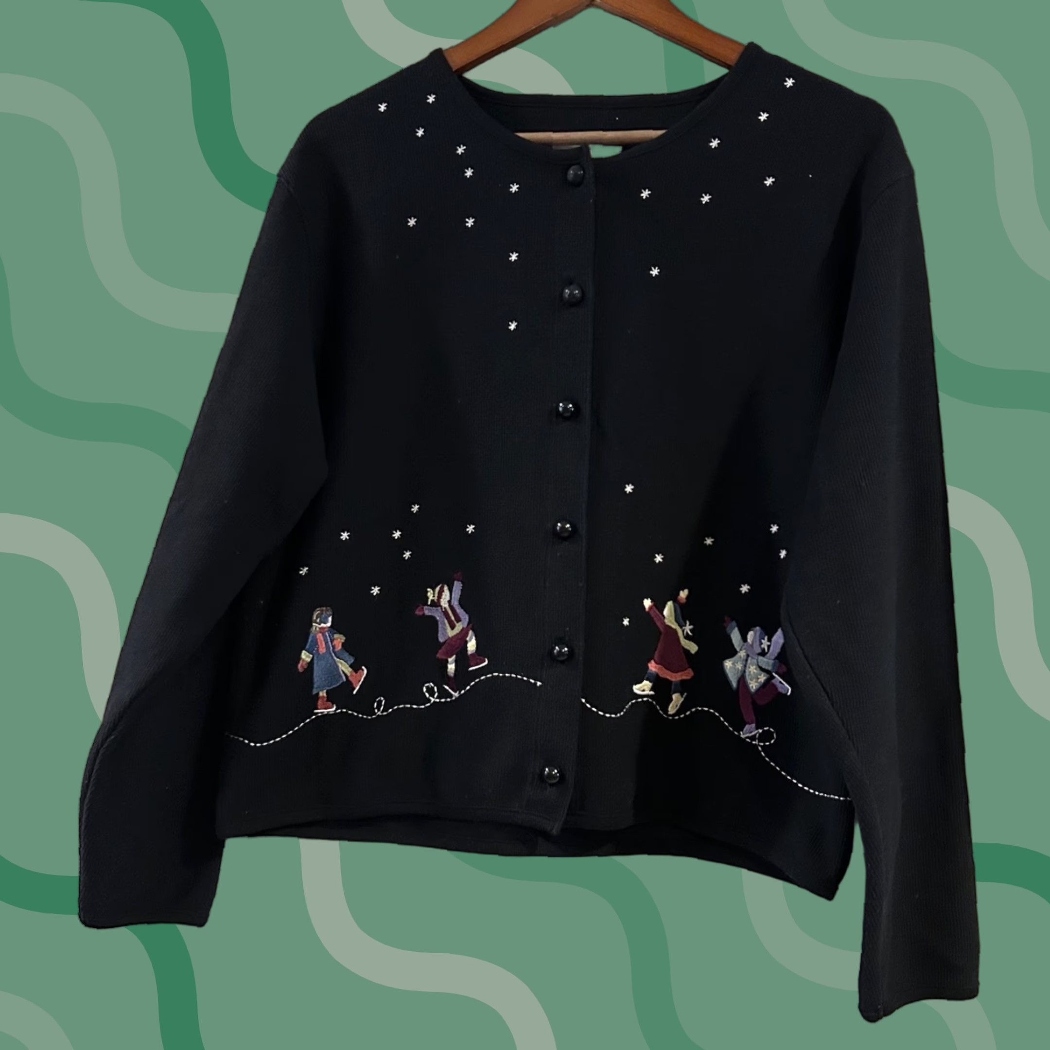 Vintage VINTAGE Christopher And Banks Cardigan Embroidered Ice Skating Women L Black Cotton Ice Skating Christmas Holiday Sweater Mens Womens Size L / US 10 / IT 46 - 1 Thumbnail