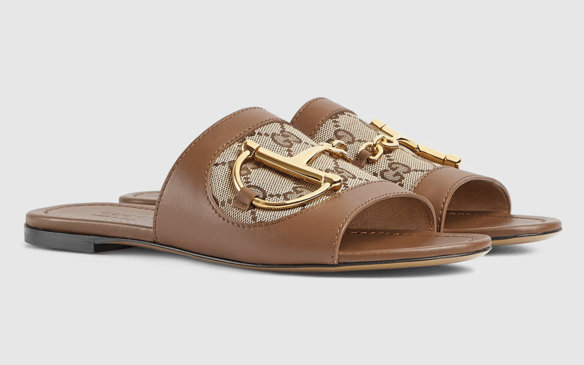 Gucci Gucci Alfa Gold Horsebit GG Canvas Logo Flat Sandal 37.5 Size US 7.5 / IT 37.5 - 1 Thumbnail