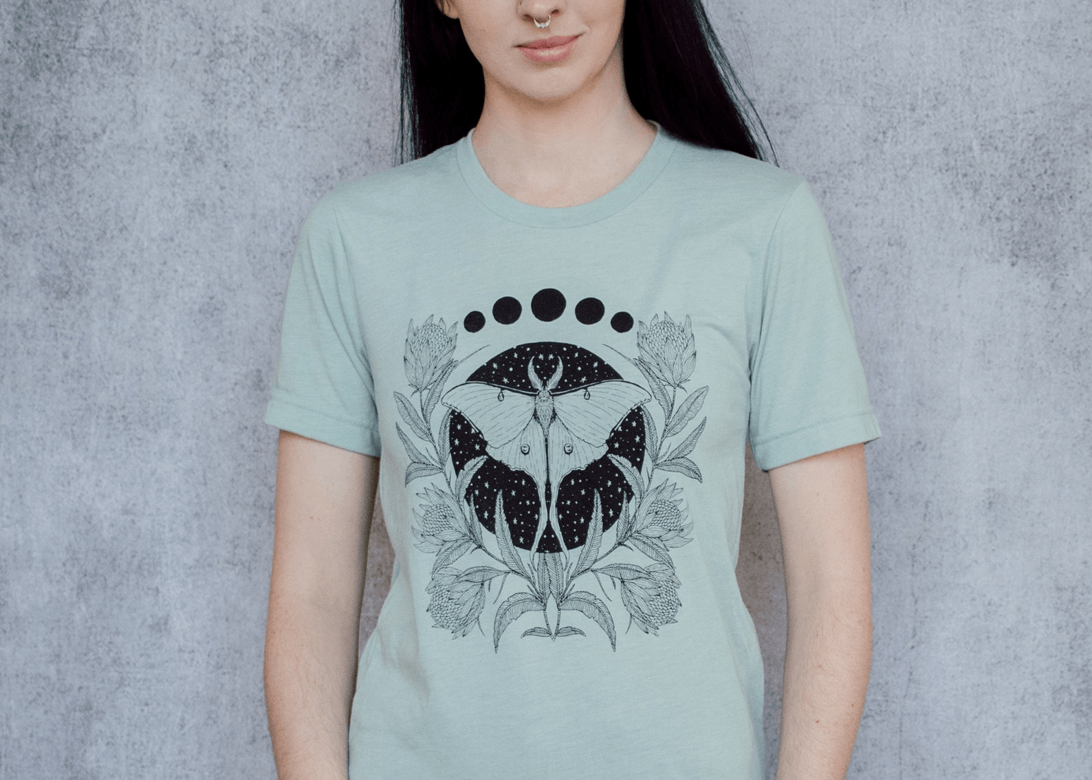 Designer × Vintage Luna Moth and Protea Flower Seafoam Unisex T-Shirt Size US M / EU 48-50 / 2 - 4 Thumbnail