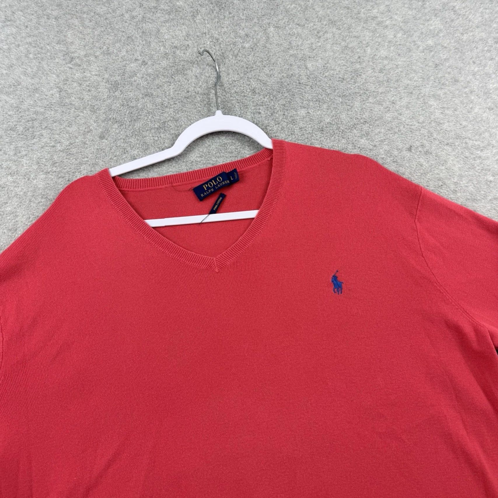 Polo Ralph Lauren Polo Ralph Lauren Mens Sweater L V-Neck Pima Cotton Pink Embroidered Logo City Preppy Modern Casual Pullover Knit All Seasons Size US L / EU 52-54 / 3 - 2 Thumbnail