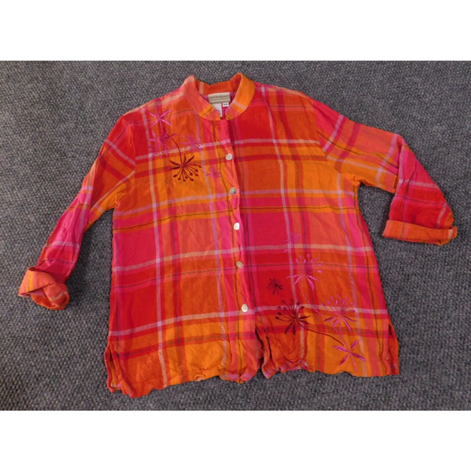 Coldwater Creek VINTAGE Coldwater Creek Shirt Womens Medium Orange Plaid Linen Rayon Embroidered Floral Size M / US 6-8 / IT 42-44 - 3 Thumbnail