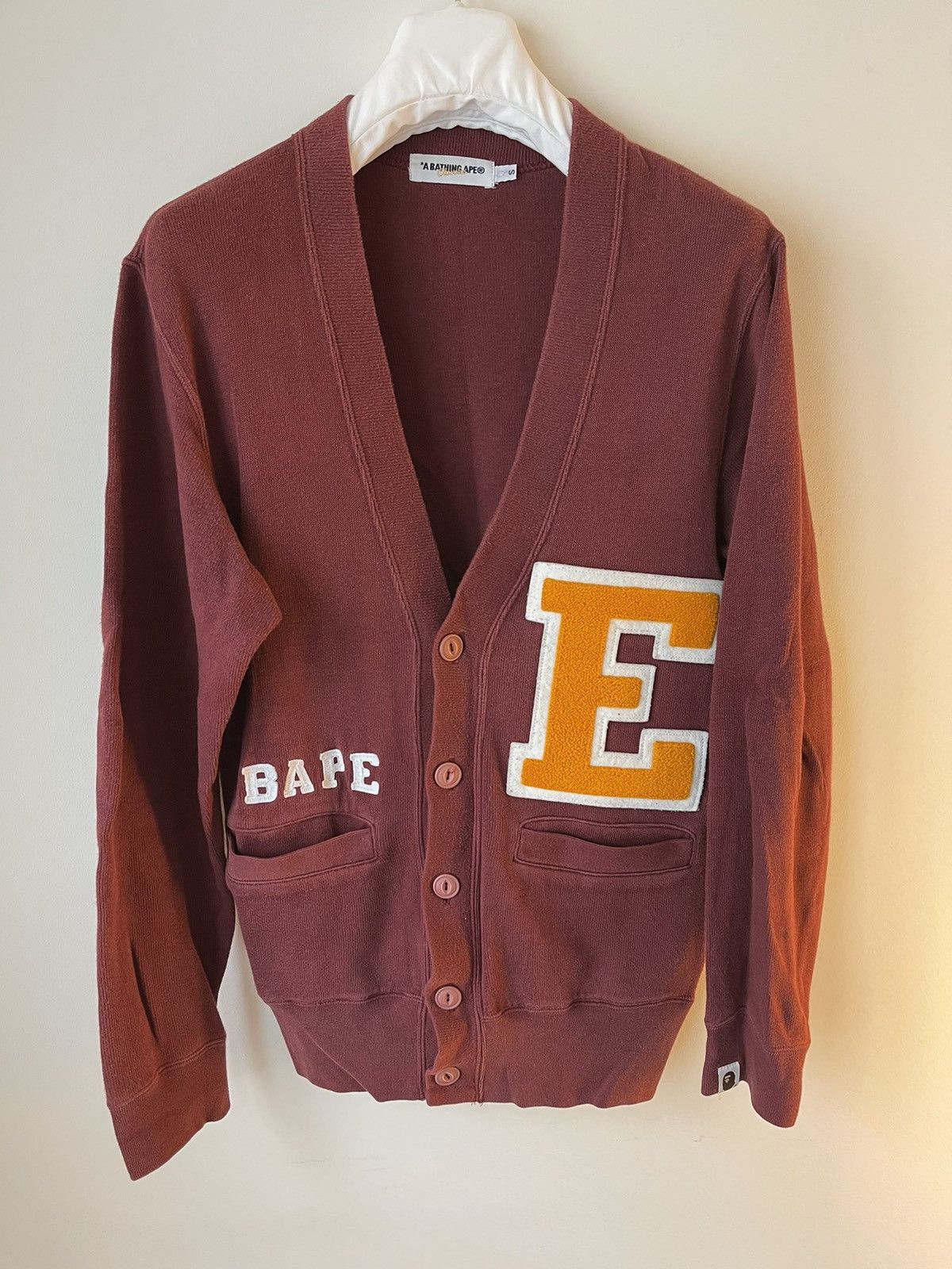 image of Bape x Nigo Letterman Cardigan in Burgundy, Men's (Size Small)