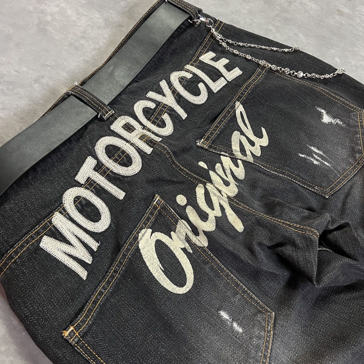 Japanese Brand Nylaus Japanese Motorcycle Dark Wash Distressed Biker Denim Size US 33 - 11 Thumbnail